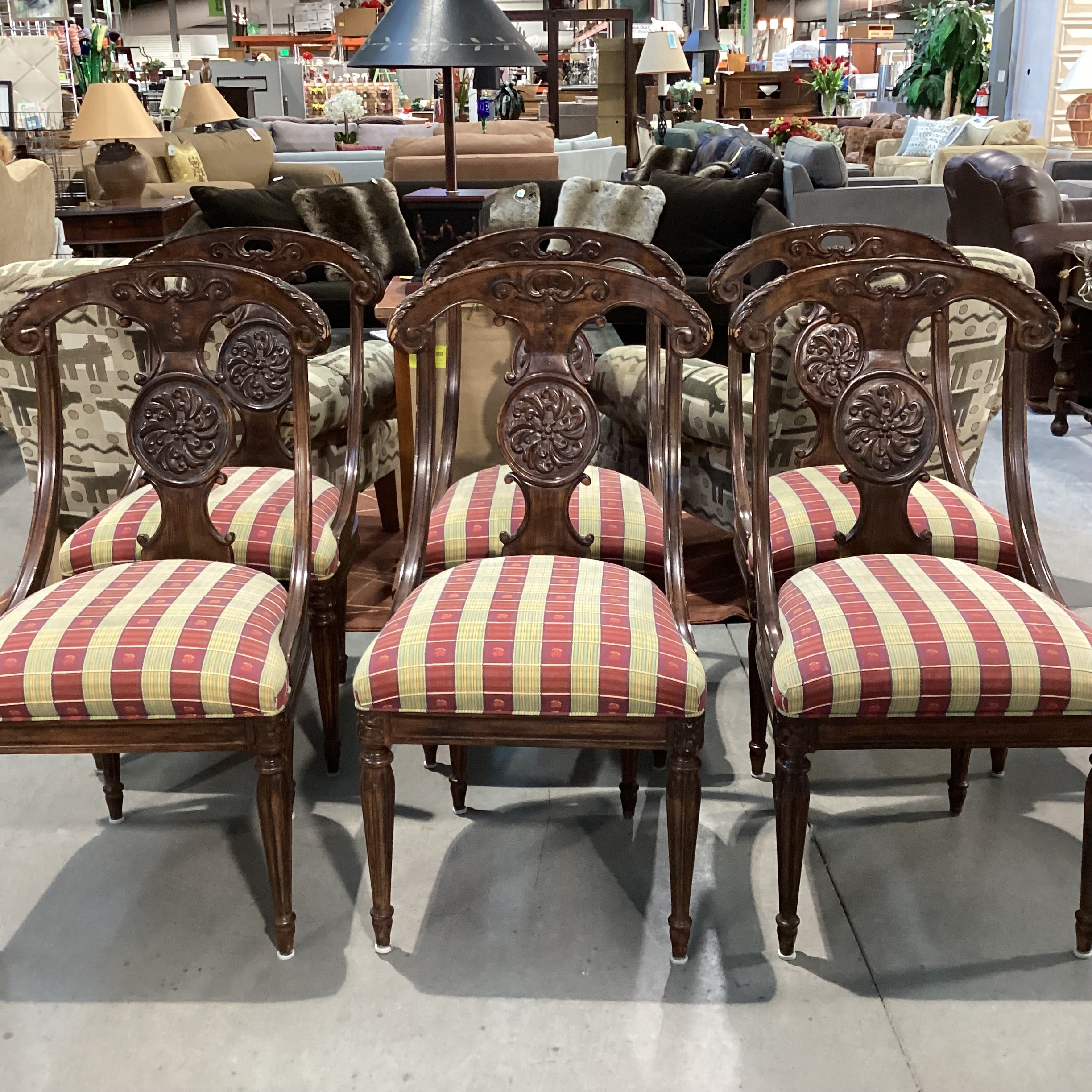 SET of 6 Ornate Carved Wood & Gold Red Cherry Ribbon Dining Chairs 20"x 24"x 38"