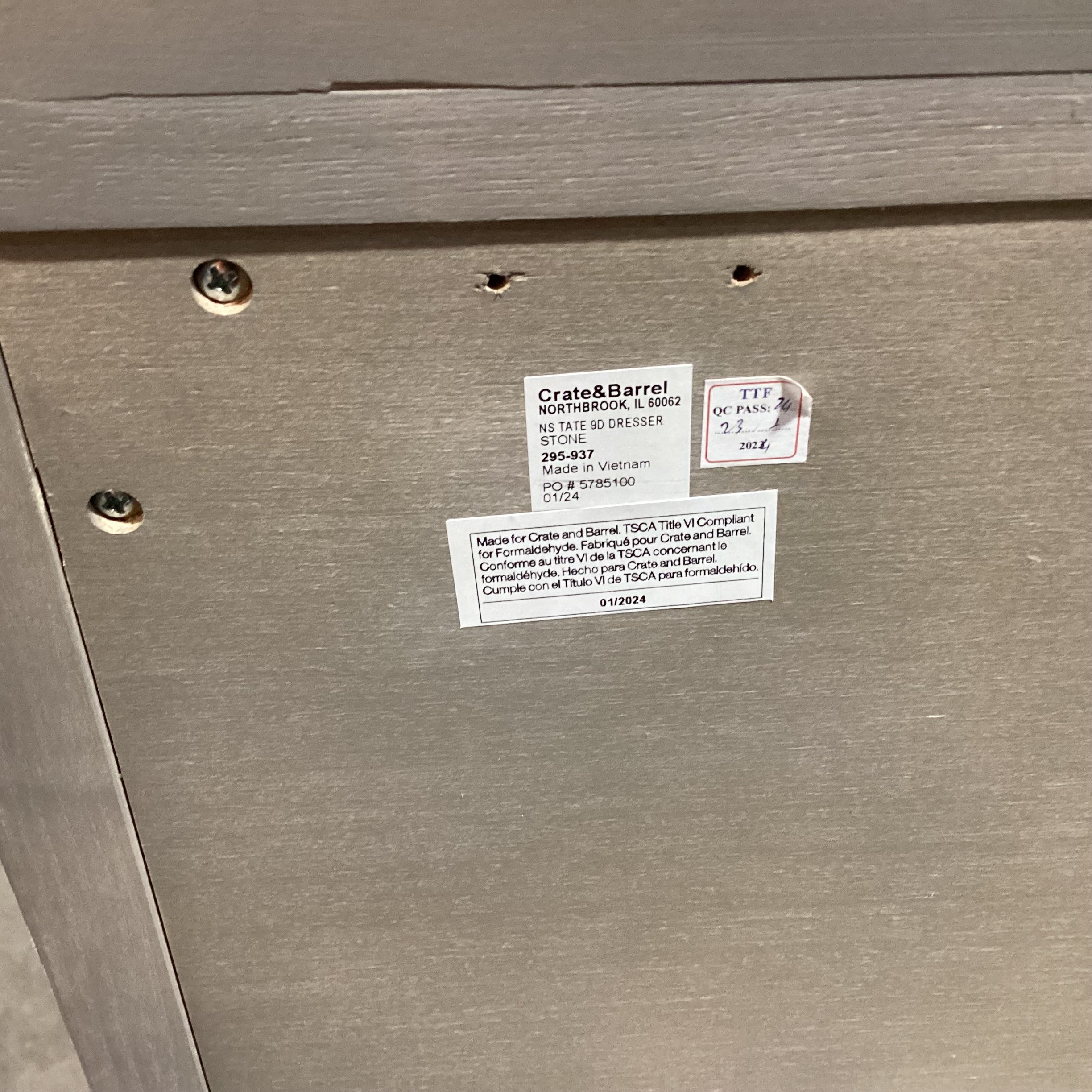 Crate & Barrel Tate Stone Grey Oak 9 Drawer Dresser 68"x 20.5"x 33"