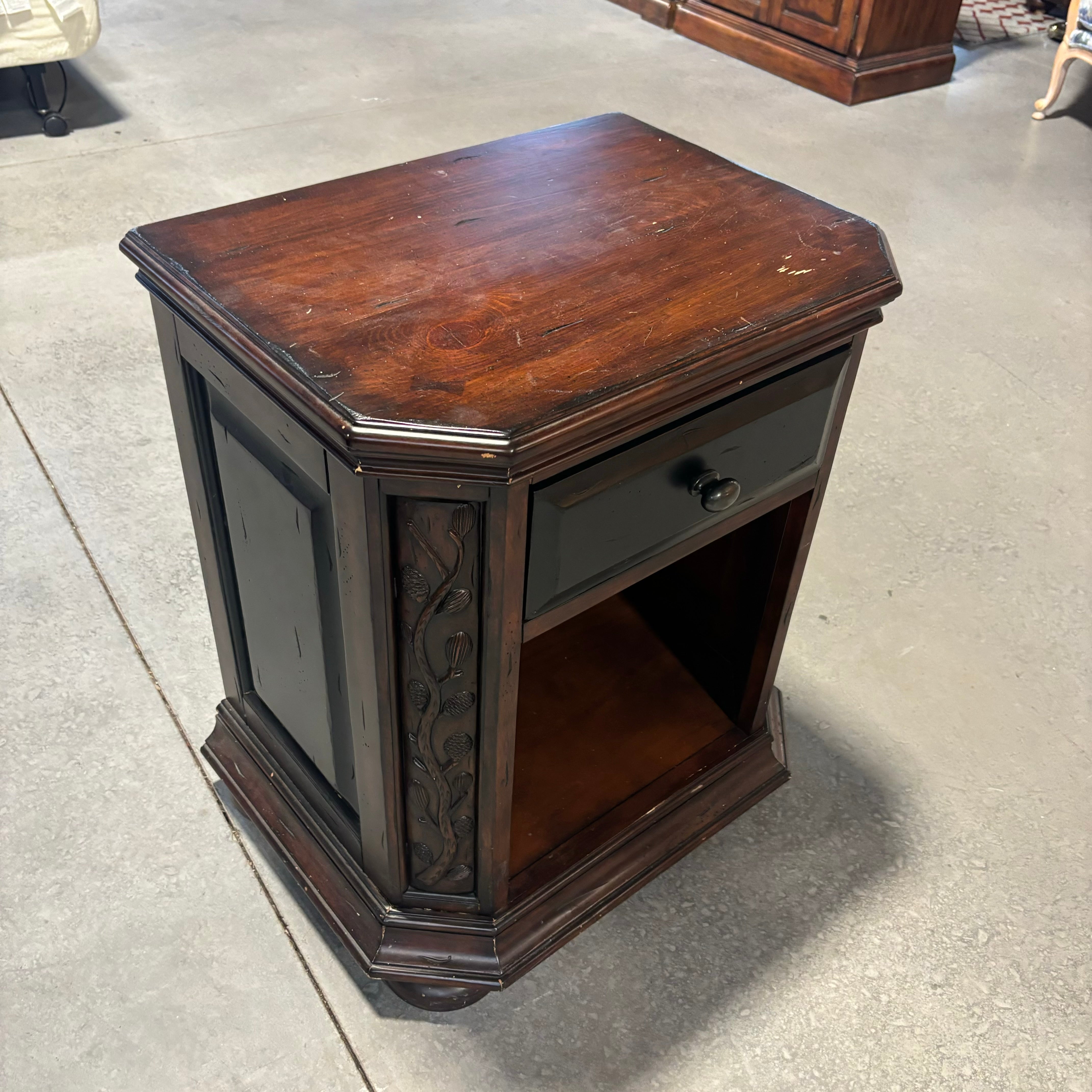 Shadow Mountain Carved Dark Finished Wood with Pine Cone Detail 1 Drawer Nightstand 27"x 19"x 29"
