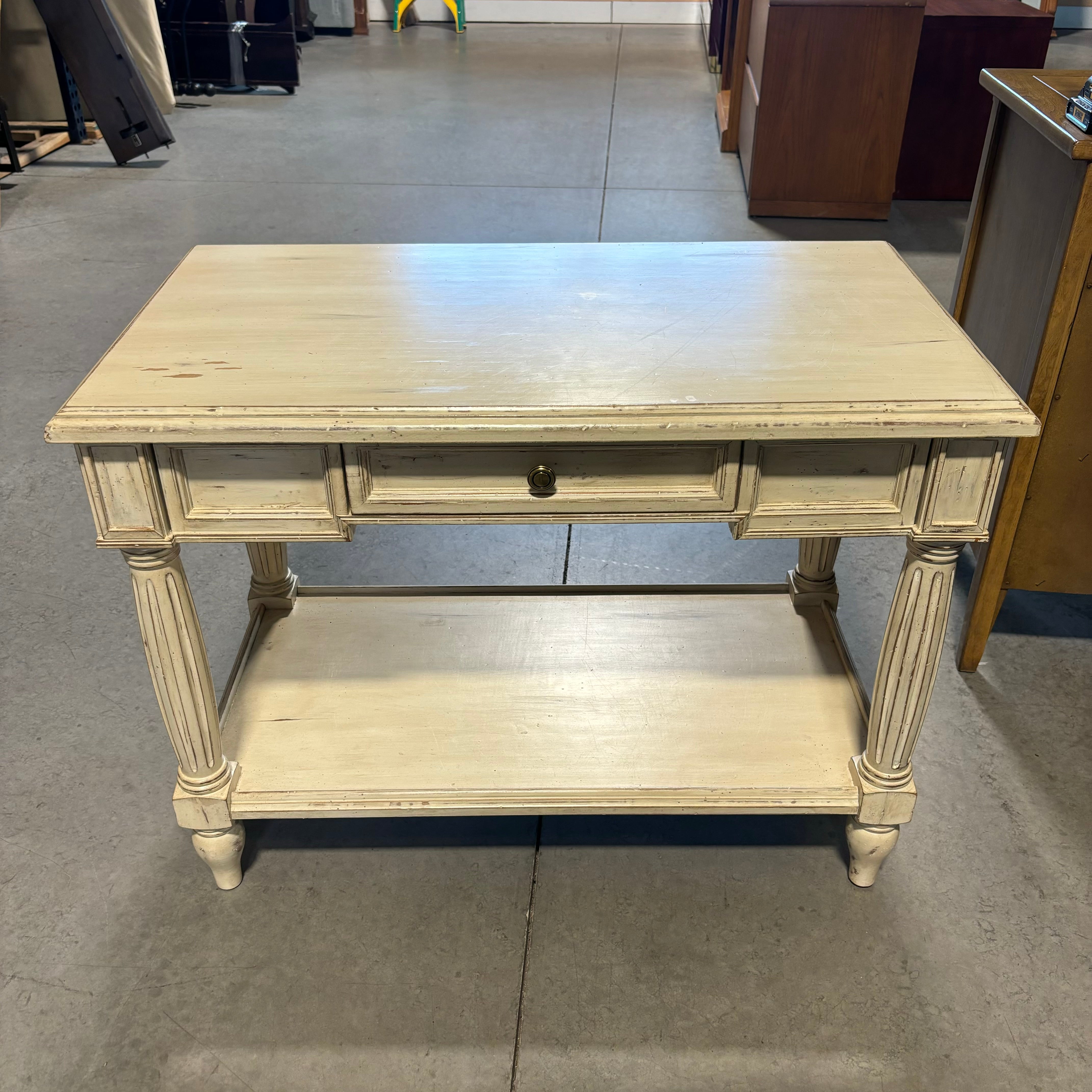 Vintage White Washed Wood 2 Tiered 1 Drawer End Table 36"x 20"x 27"