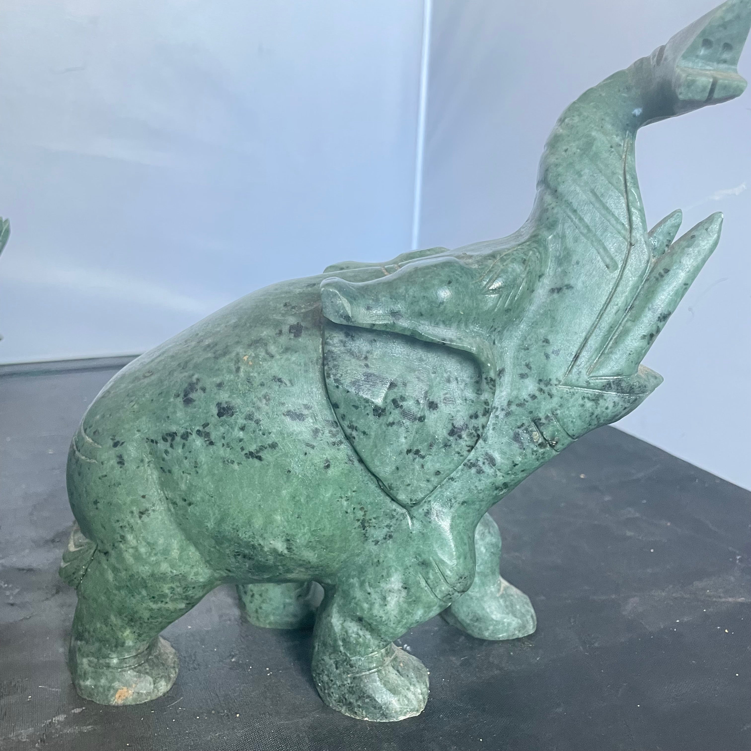 Hand Carved Spinach Jade or Verdite Elephant Figurines, Pair