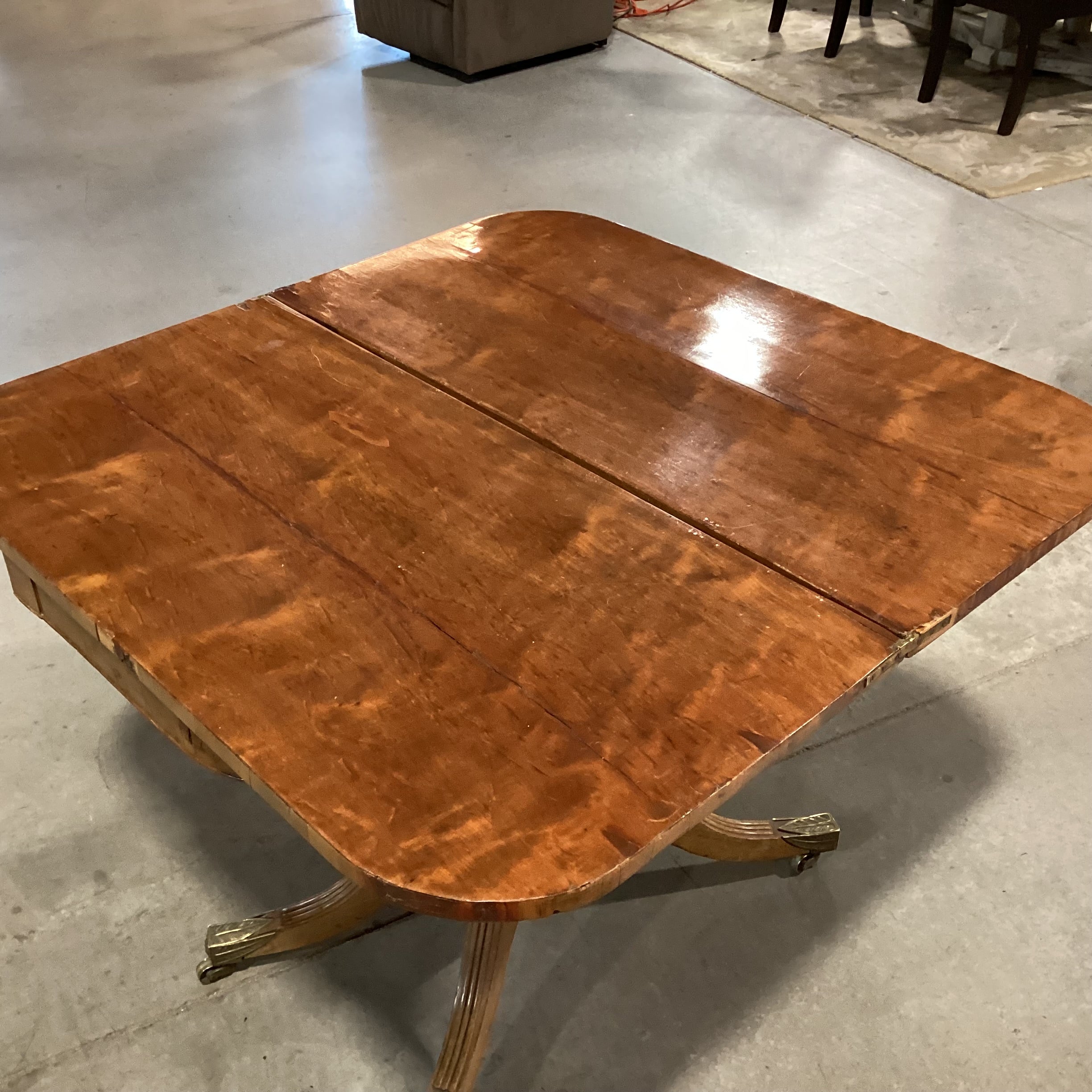 Antique Carved Wood & Veneer Twist Top to Open with Harp Pedestal & Brass Accents Accent Table 36"x 18" to 36"x 29.5"
