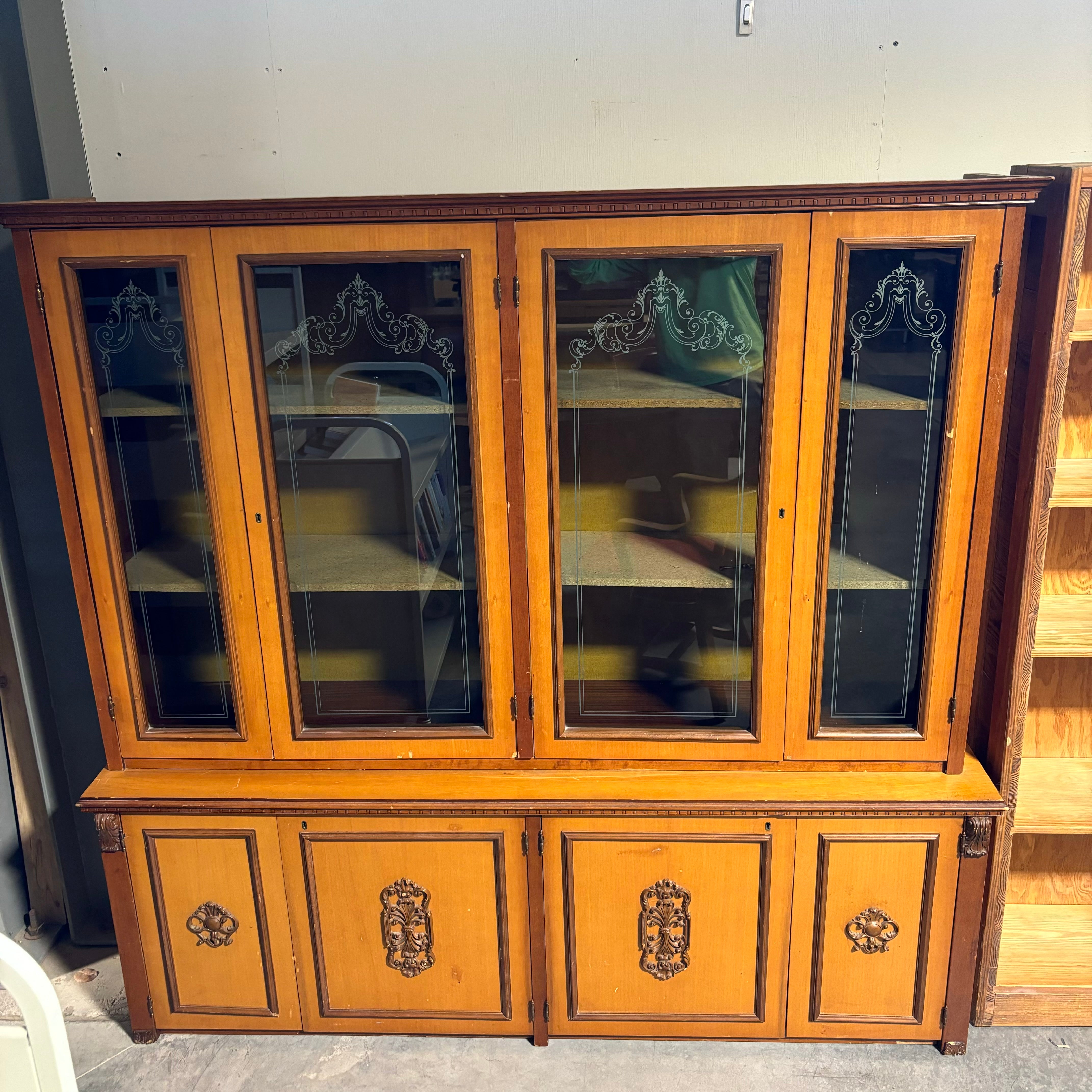 4 Glass Door 4 Wood Door Carved Detail Particle Board Shelves China Hutch 71.5"x 17.5"x 68.5"