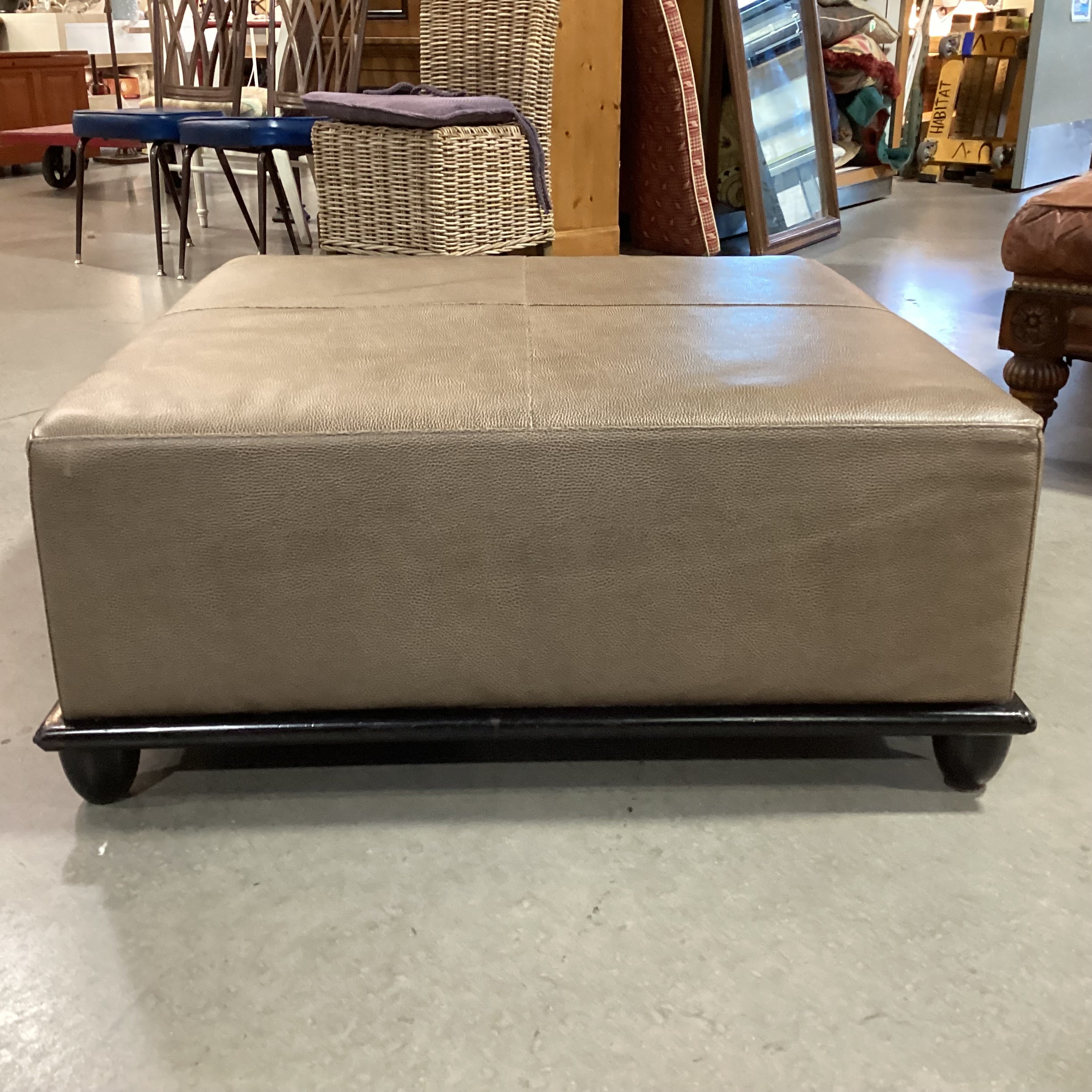 Baker Milling Road Collection Taupe Brown Textured Leather & Black Wood Base Ottoman 38"x 38"x 16"