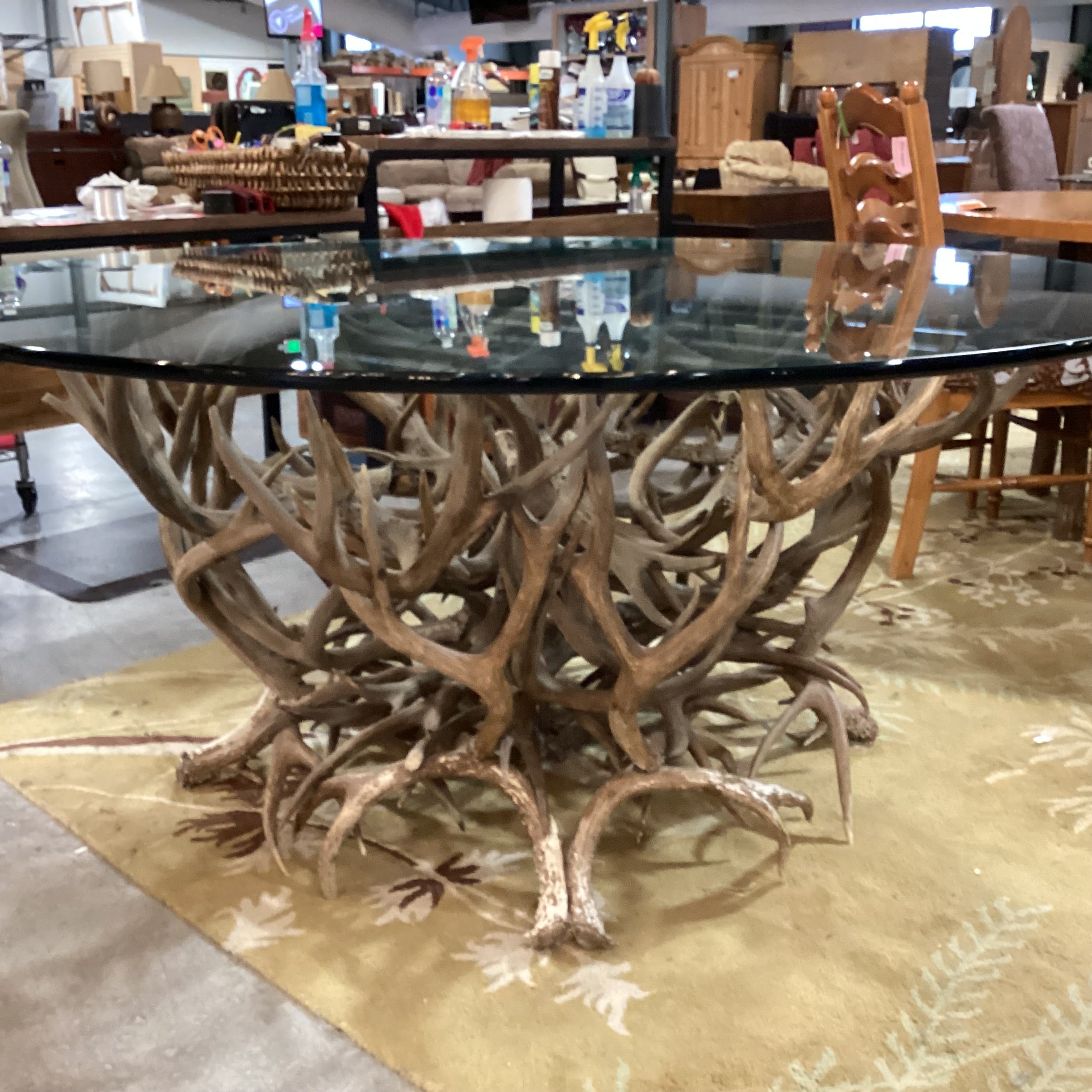 Antler & Round Glass Top Dining Table 66" Diameter x 30"