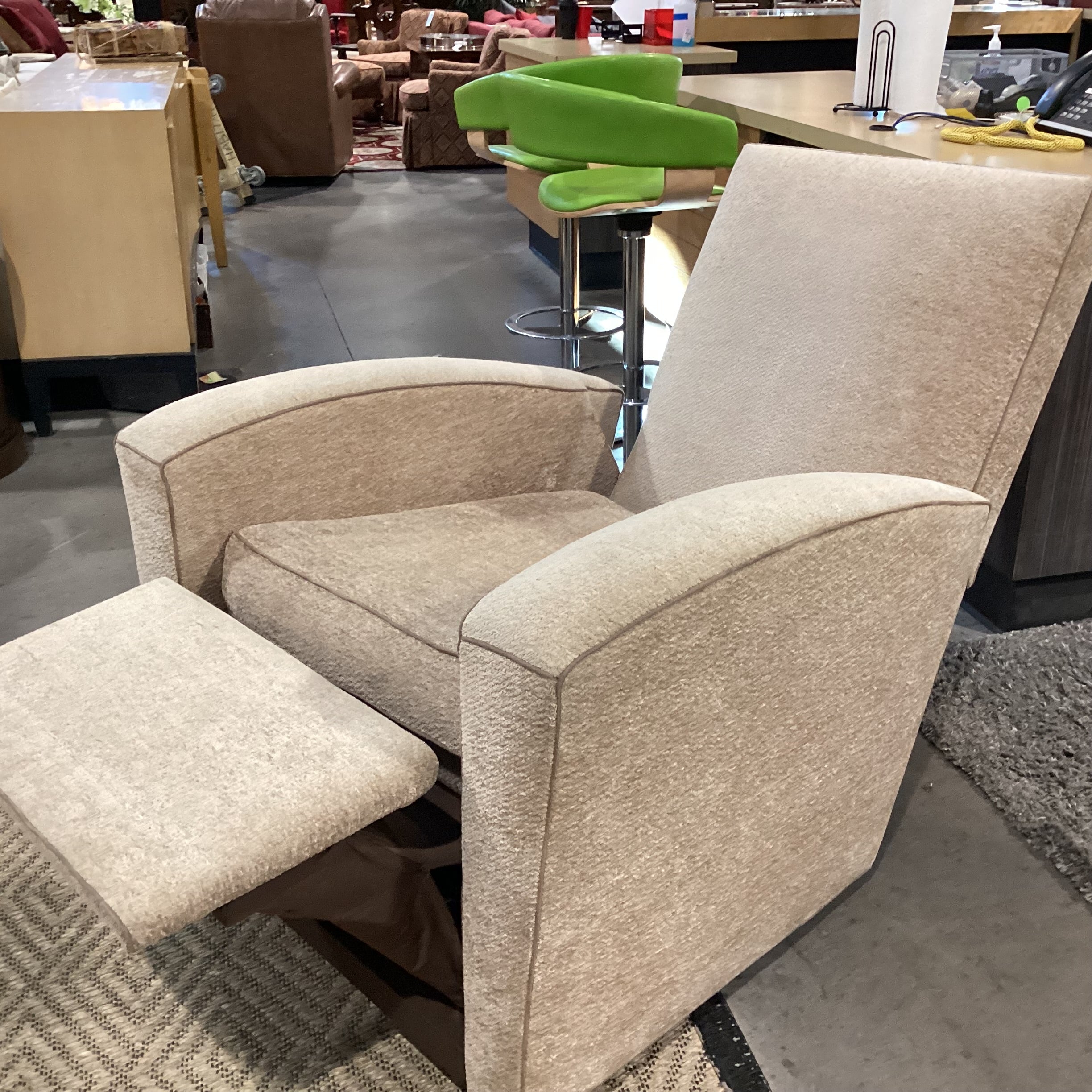 Beige Texture Woven Chenille with Taupe Piping Swivel Recliner Chair 35"x 40" to 66"x 41"