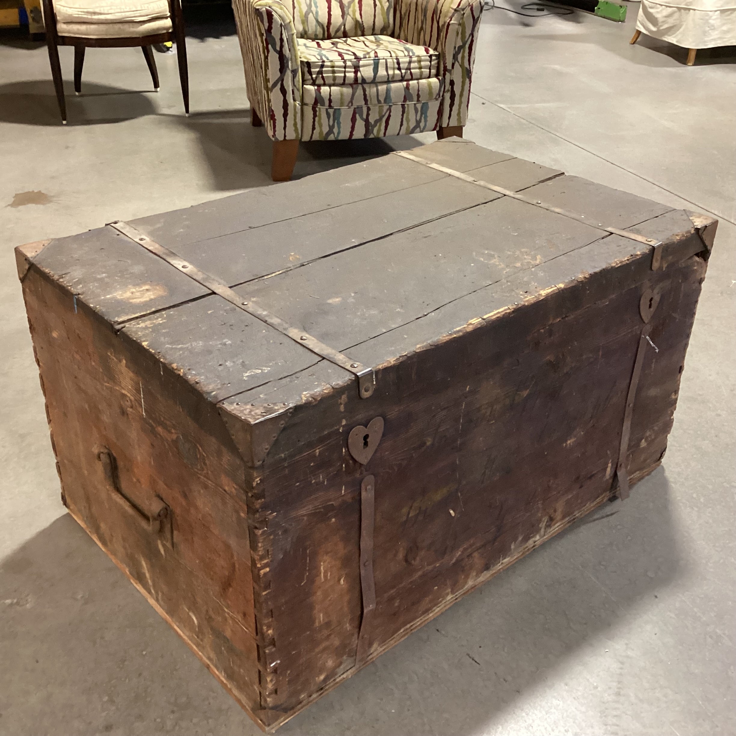 Antique Wood With Iron Bands & Heart Keyhole Trunk 42"x 28"x 23"