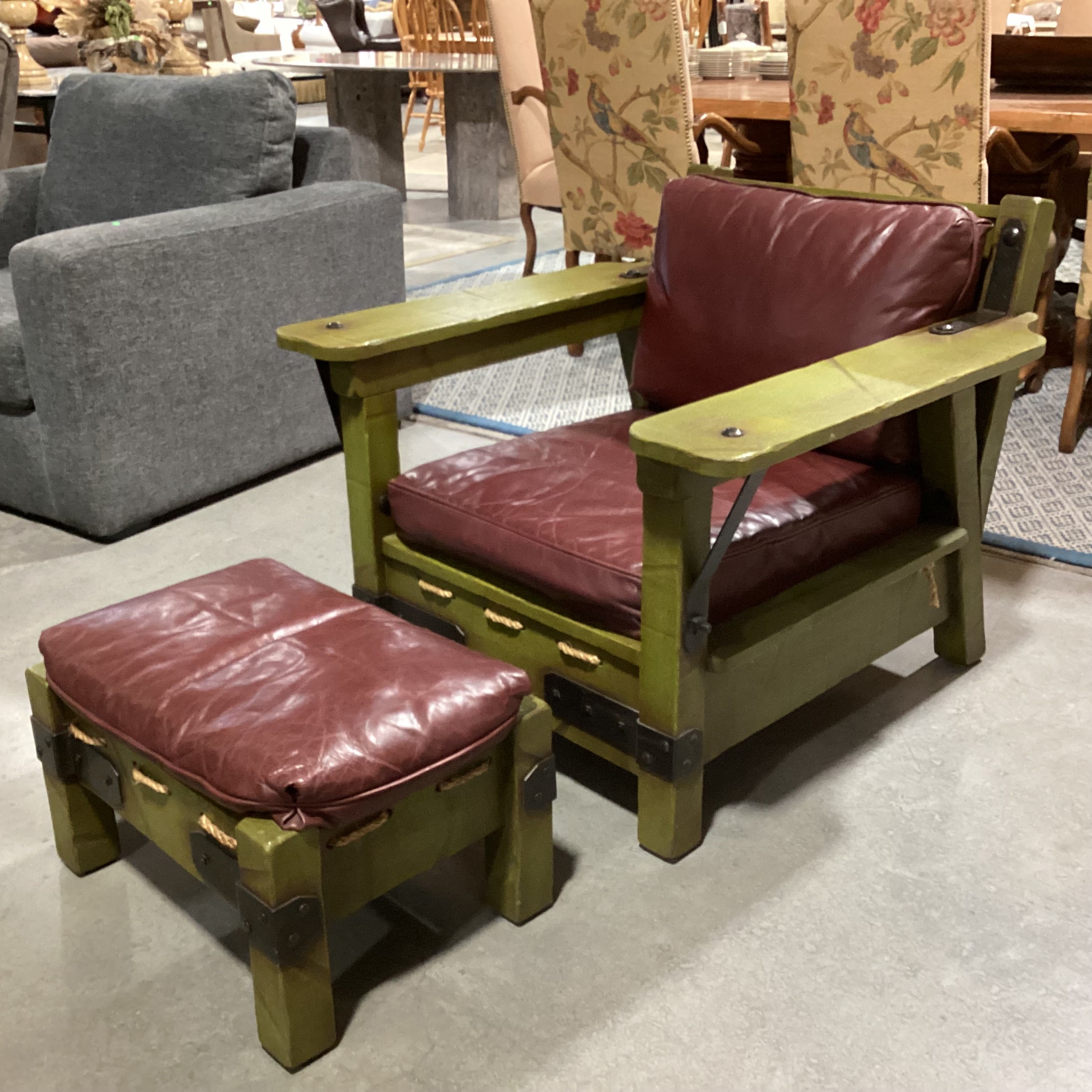 Art in Fine Forms Custom Spanish Green Alder Iron & Rope Leather Cushions with Ottoman Chair 35"x 36" 31"