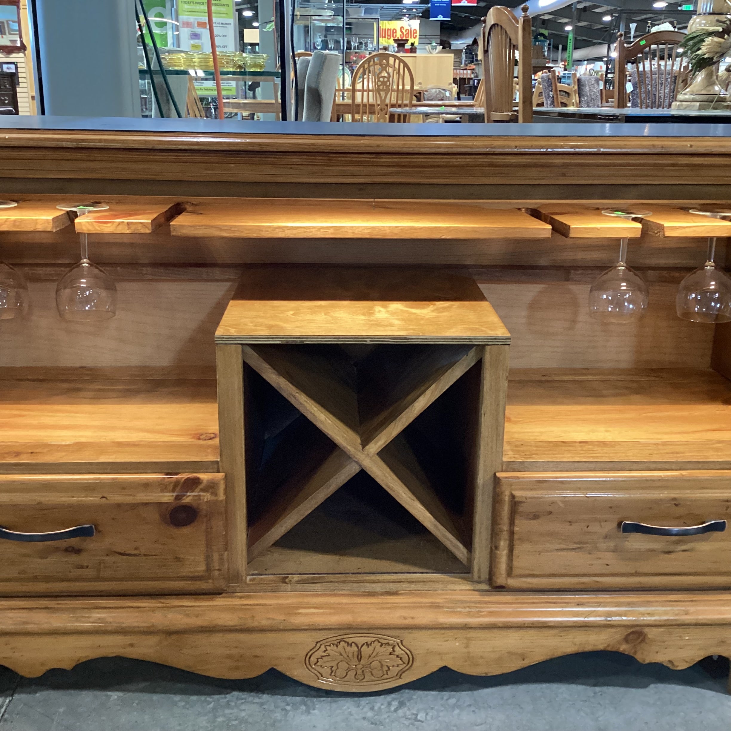 Carved Pine with Black Top Glass Slots Wine Rack 2 Drawer & Lighted Bar Buffet 54"x 18"x 30"