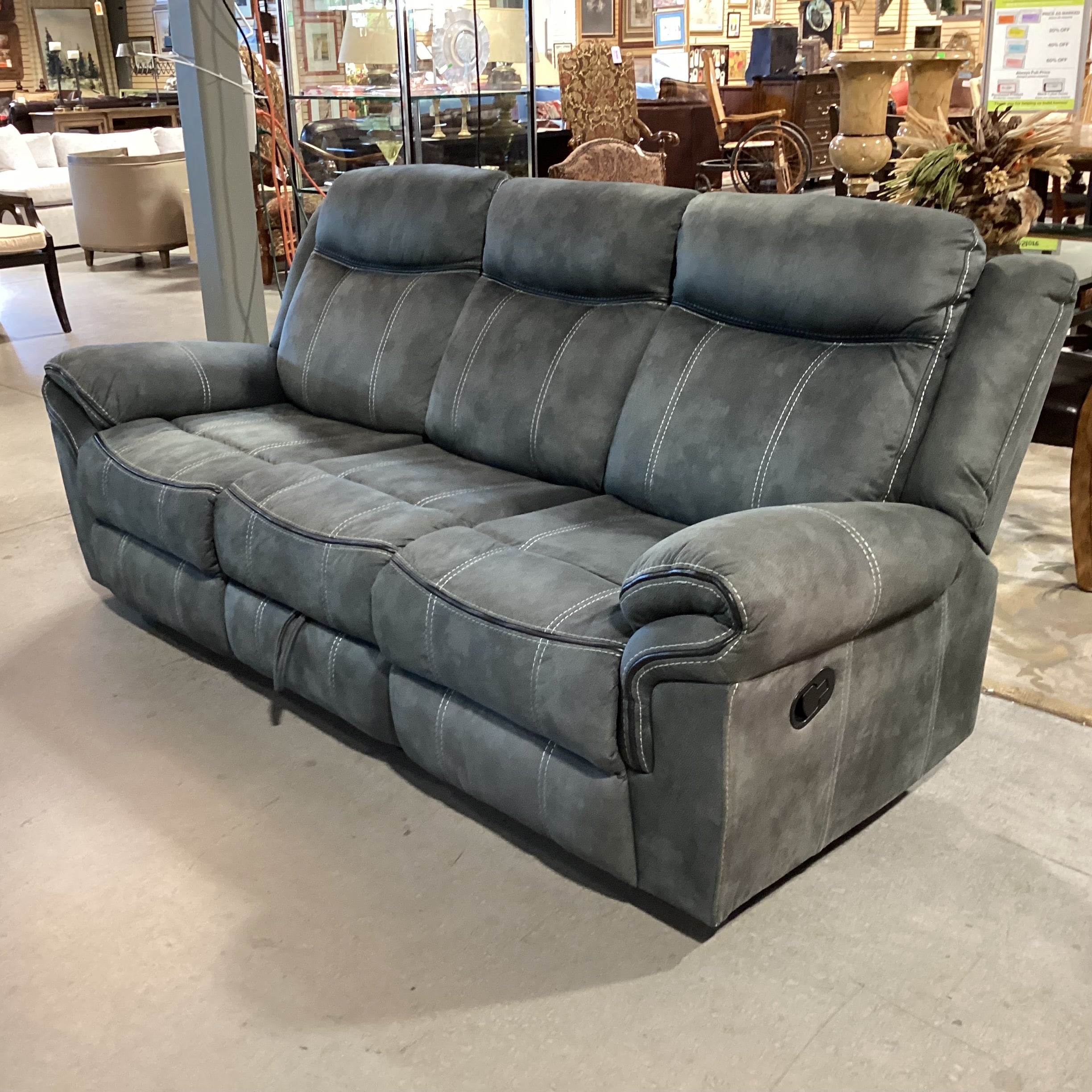 Textured Slate Grey Ultra Suede with Piping & Stitching Accent Double Recliner with Outlet Console Sofa 89"x 39" to 55"x 41"