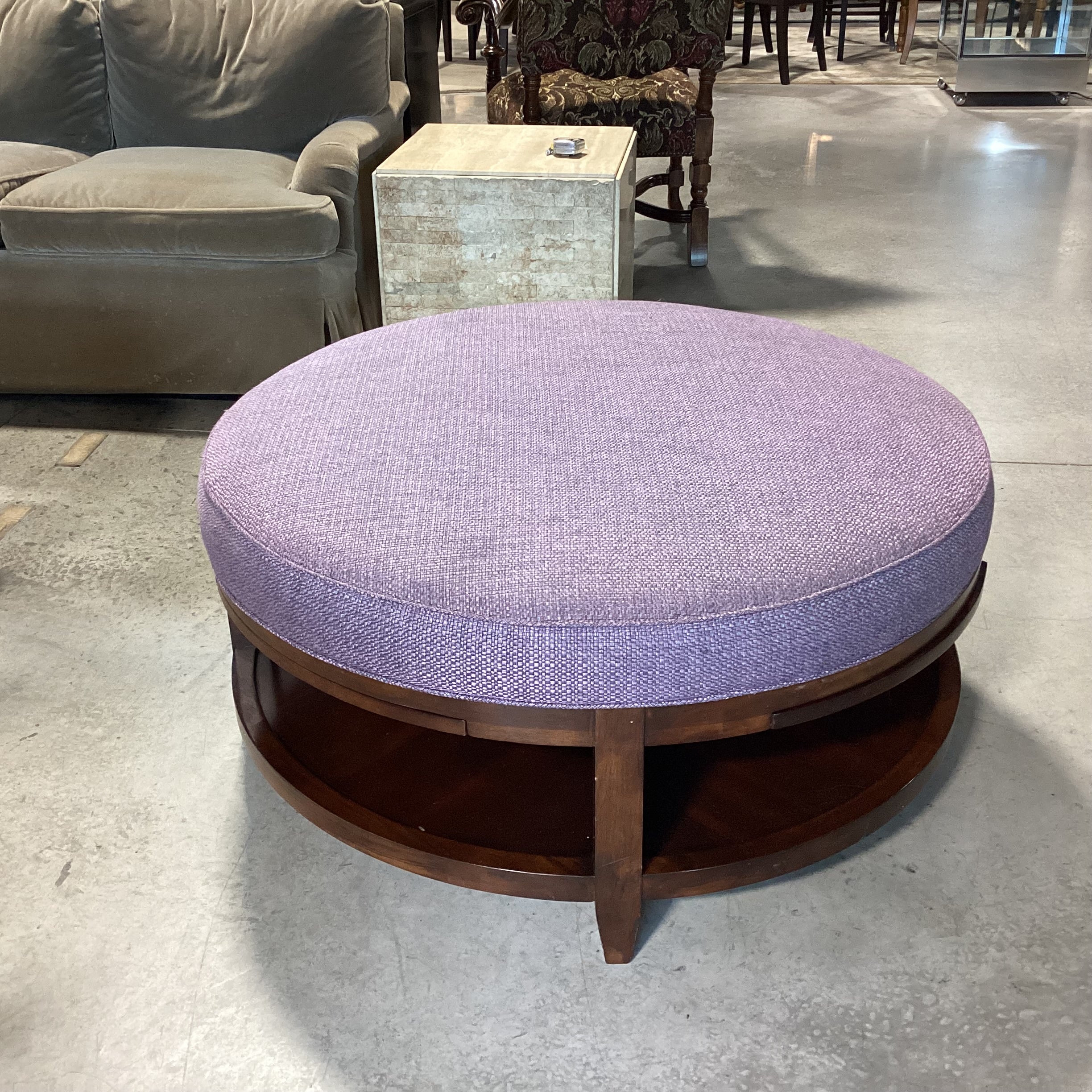 Dark Finish Wood & Plum Woven 2 Tiered with 4 Pullout Tray Sides Round Cocktail Ottoman 41" to 54" Diameter x 19"