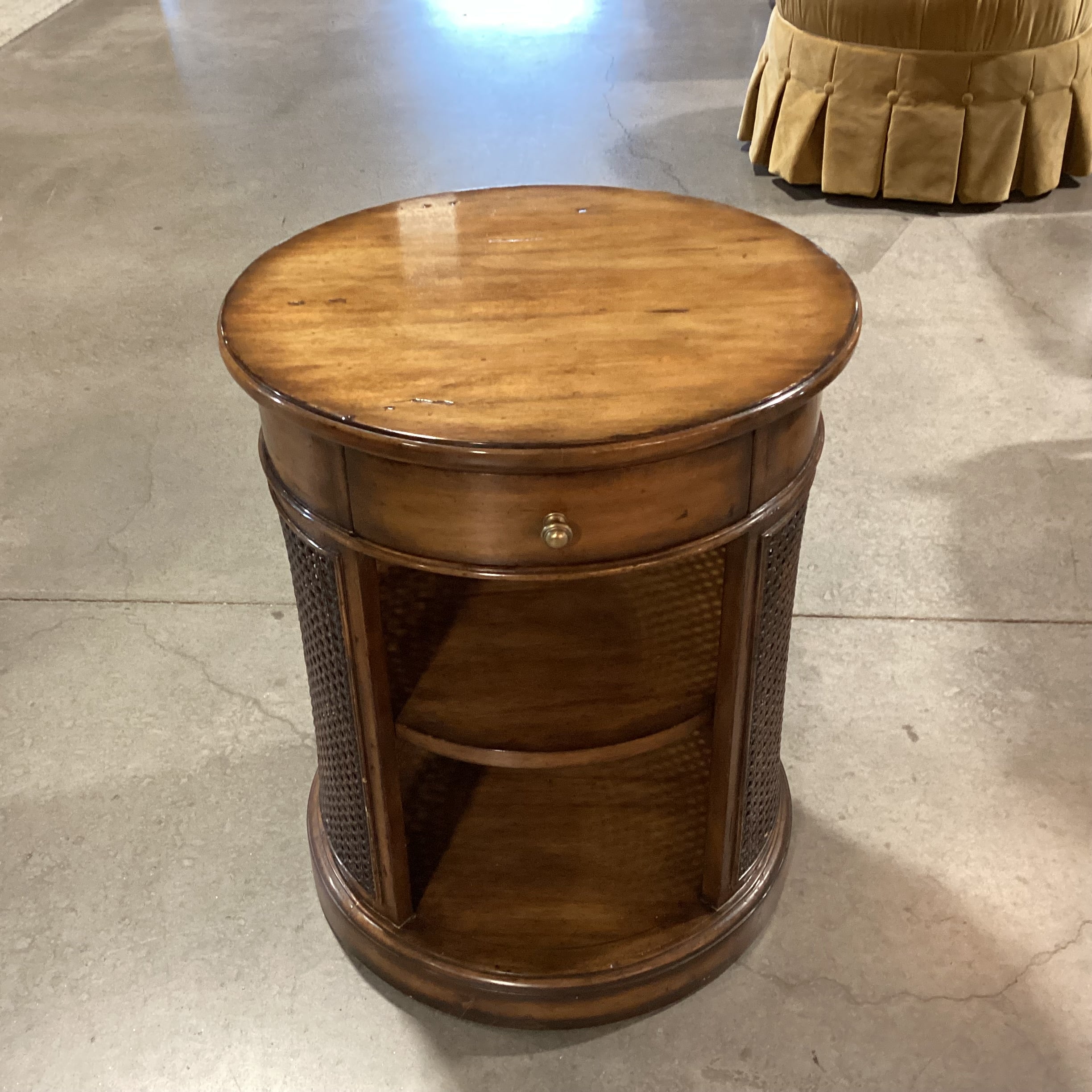 Round Finished Wood & Caning 1 Drawer with Shelves End Table 20" Diameter x 24"