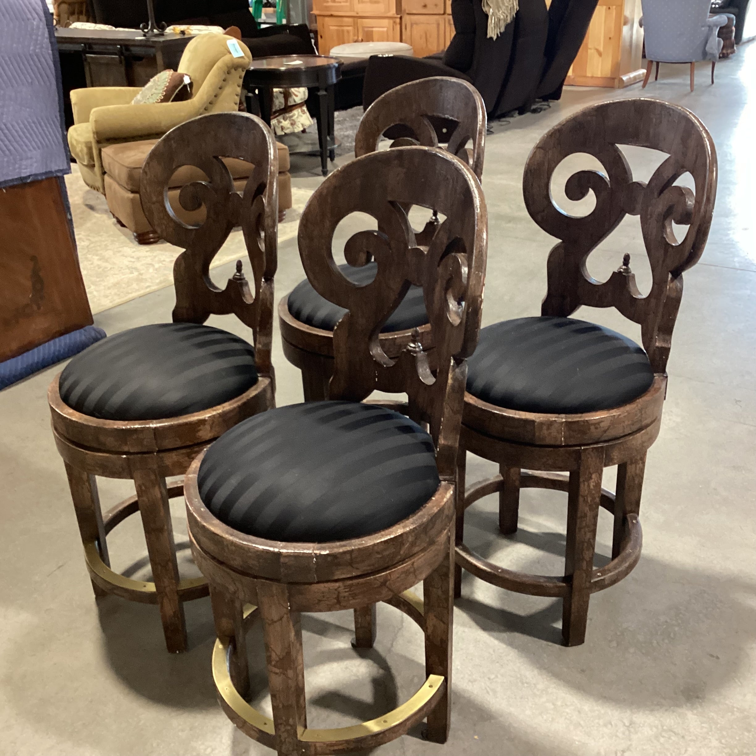 SET of 4 Carved Scroll Back Textured Crackle  Finish & Black Seat Swivel Barstools 25"