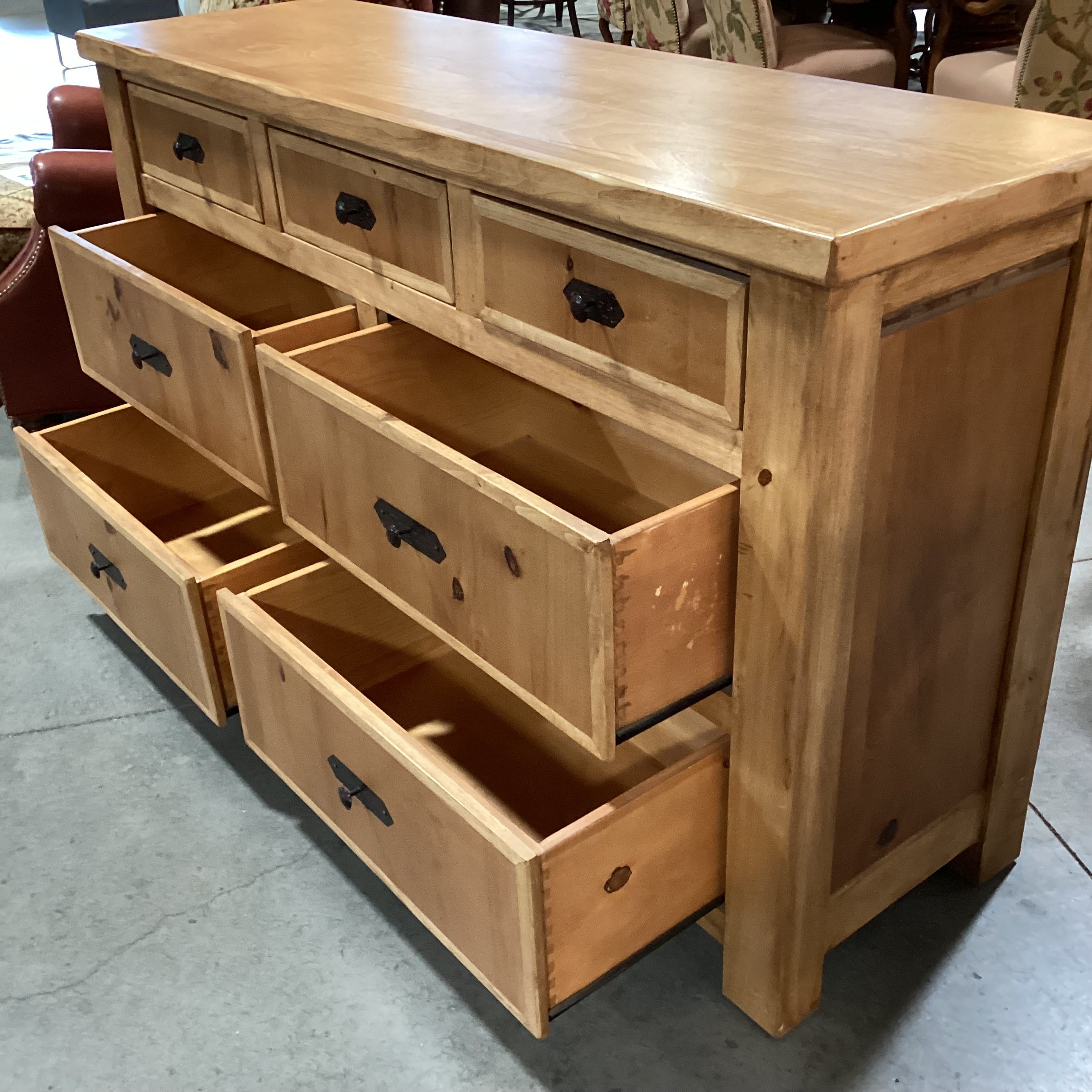 2 Tone Light Finish Solid Wood with Iron Accent 7 Drawer Dresser 64"x 19"x 38"