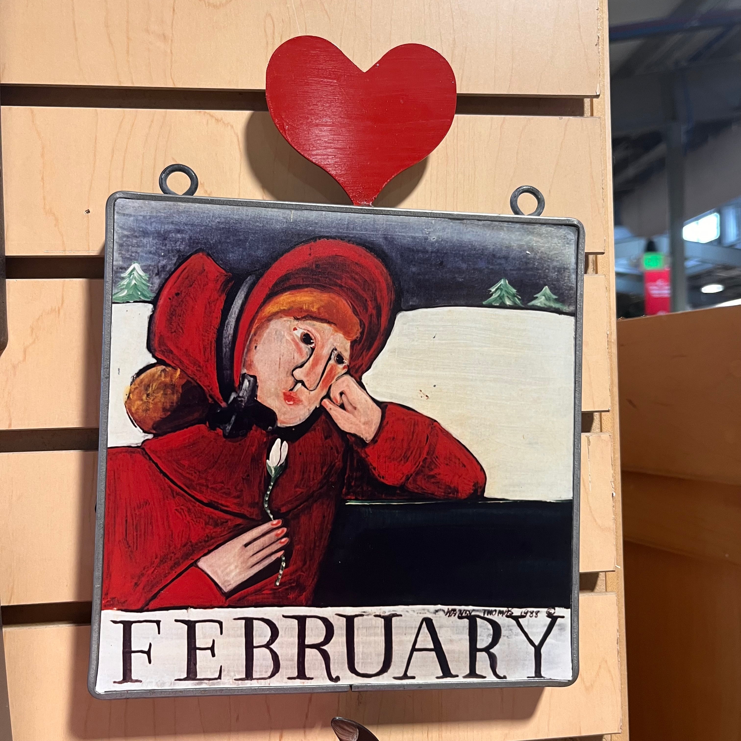 Nancy Thomas Folk Art Calendar Plaque: February Wall Decor; 8"x 11"