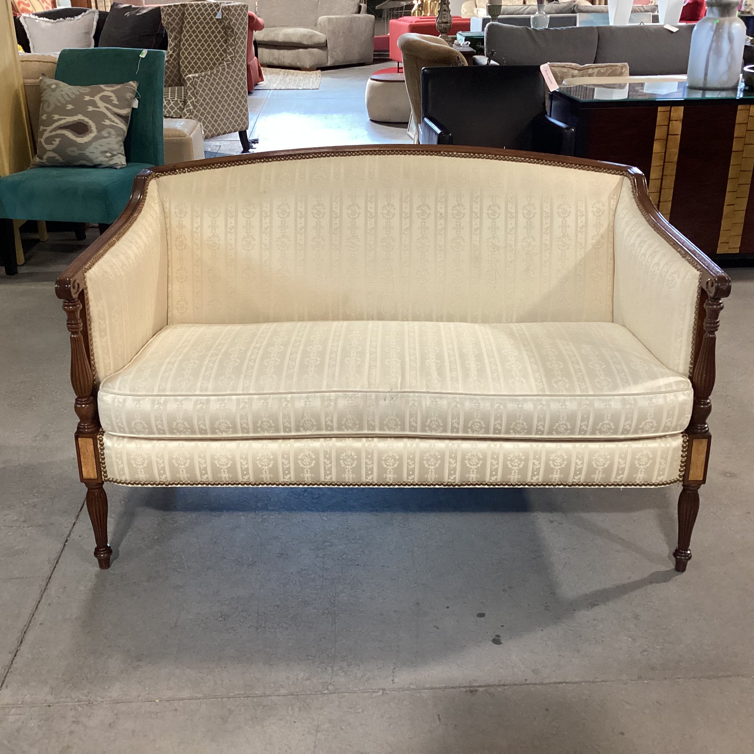Hickory Chair Furniture Cream Ribbon with Nailhead & Carved Wood Loveseat Sofa 53"x 28"x 34"
