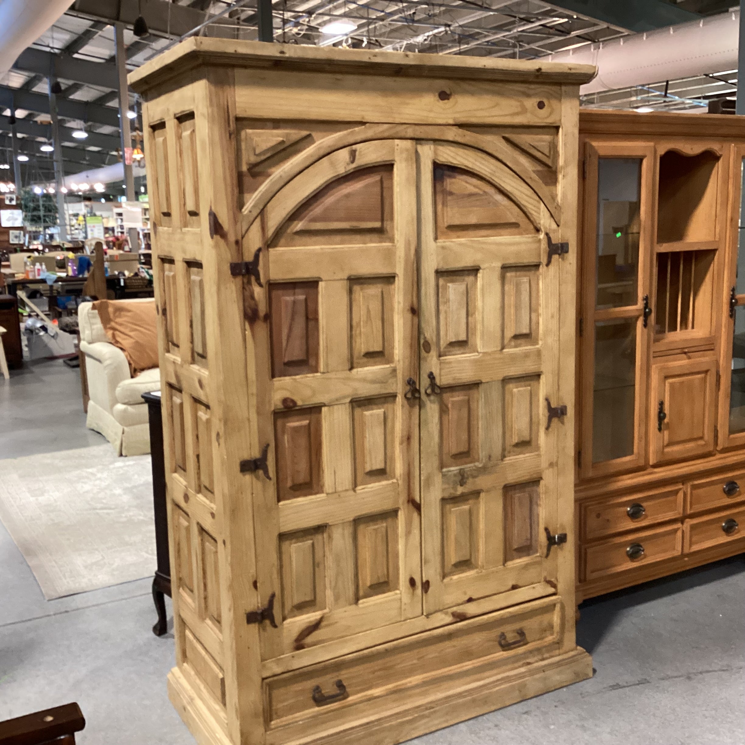 Rustic Carved Solid Natural Pine 2 Arched Door with Shelves & Bottom Drawer Armoire 52"x 26"x 80"