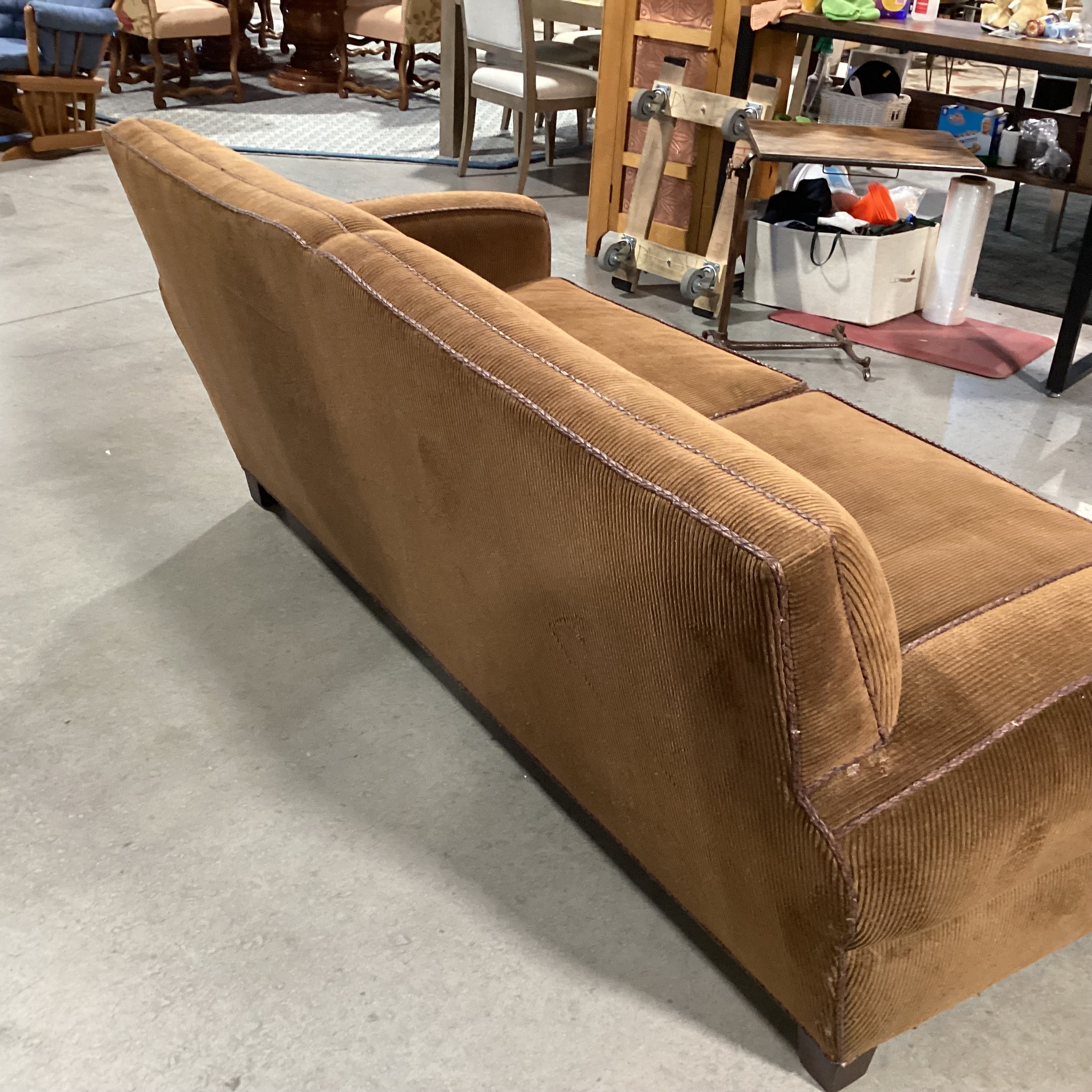 Richard Charles Brown Corduroy Braided Leather Piping & Down Mix Sofa 86"x 40"x 34"