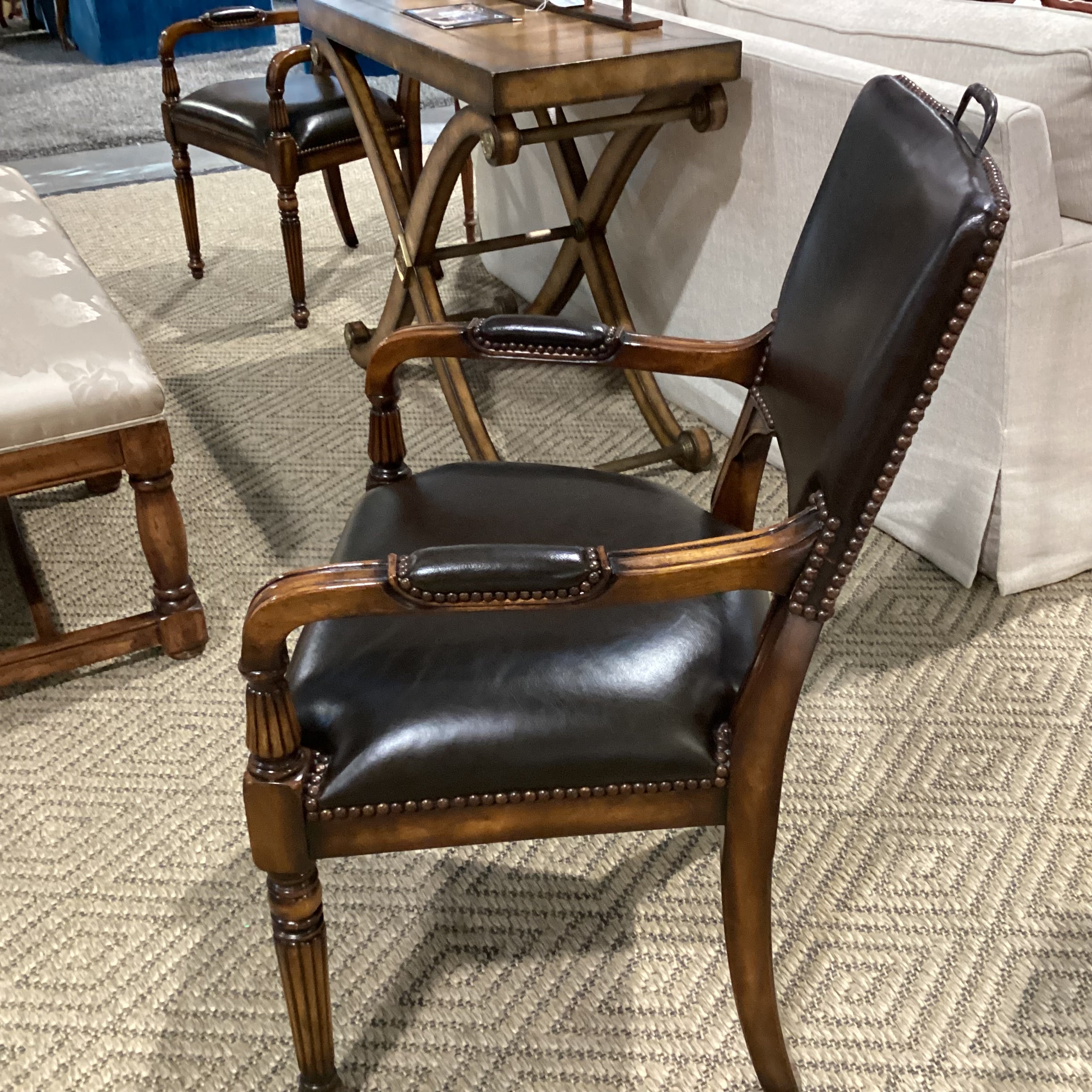 Carved Wood Leather Nailhead & Back Handle Chair 24"x 24"x 39"