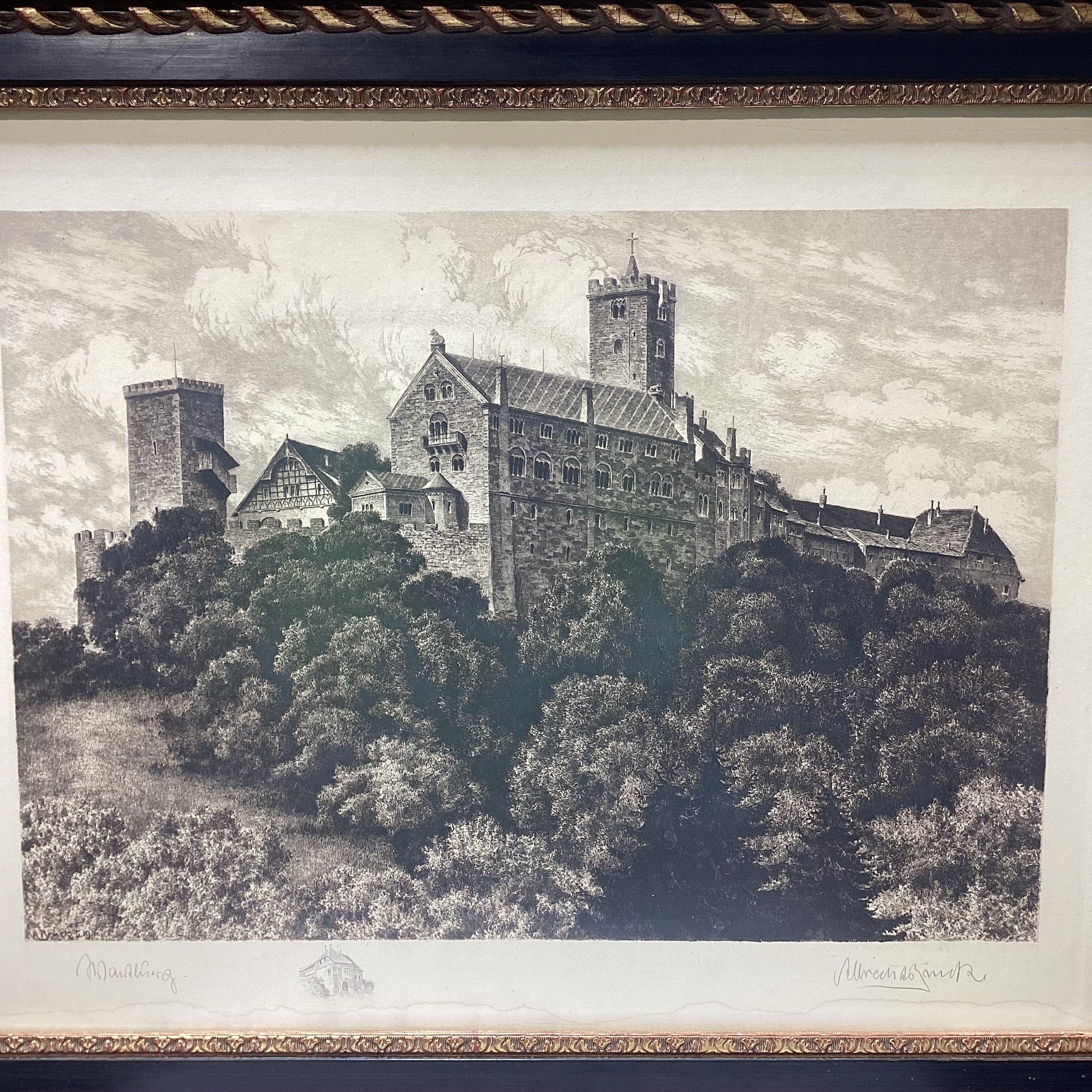 Albrecht Bruck Signed Wartburg Castle, Eisenach, Germany Etching In Gold & Black Frame 31.5" x 25.5"