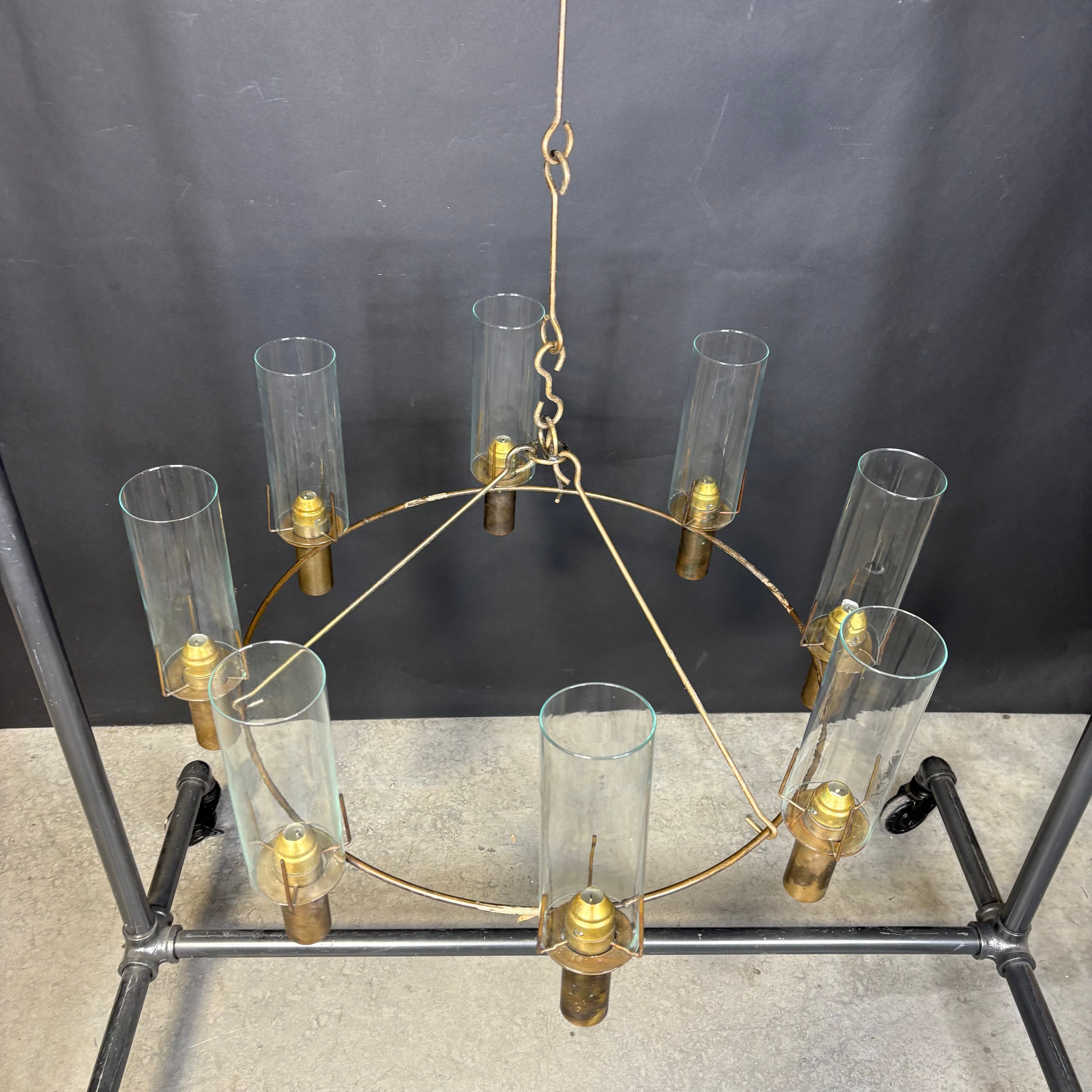 Rustic Industrial 8-Light Antiqued Brass and Glass Candle Chandelier 26” Diameter x 36”