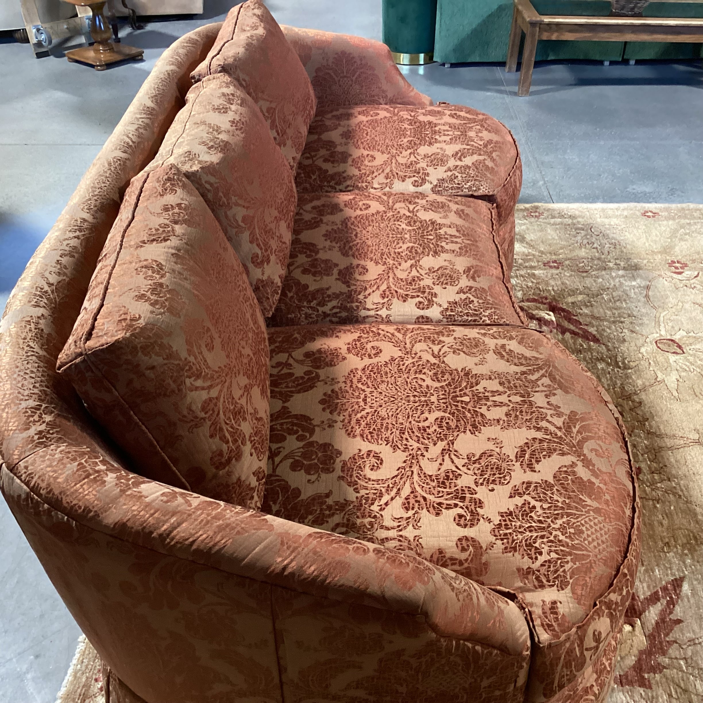 Custom Golden Burnt Orange Ornate Silky Metallic Floral Down Mix Curved Sofa 101"x 44"x 32"