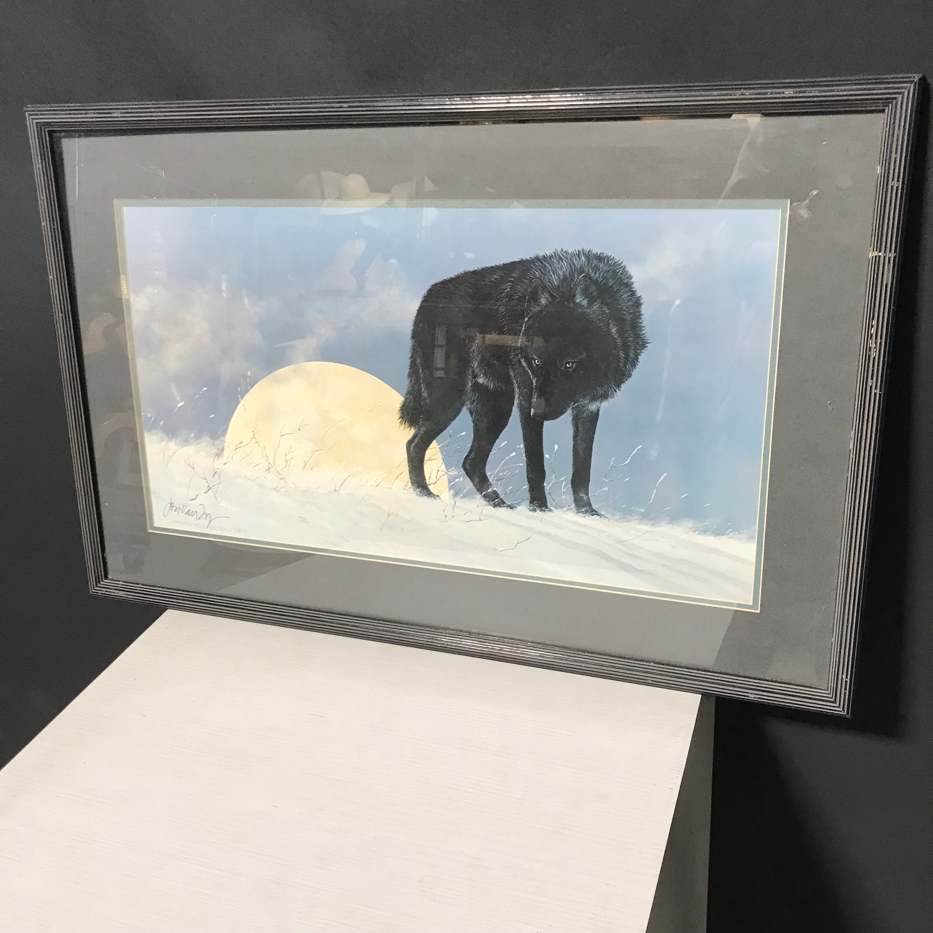 Jon Van Zyle 'Alaska Ethos' Black Wolf and Moon Signed and Framed Print Wall Decor 28" x 18"