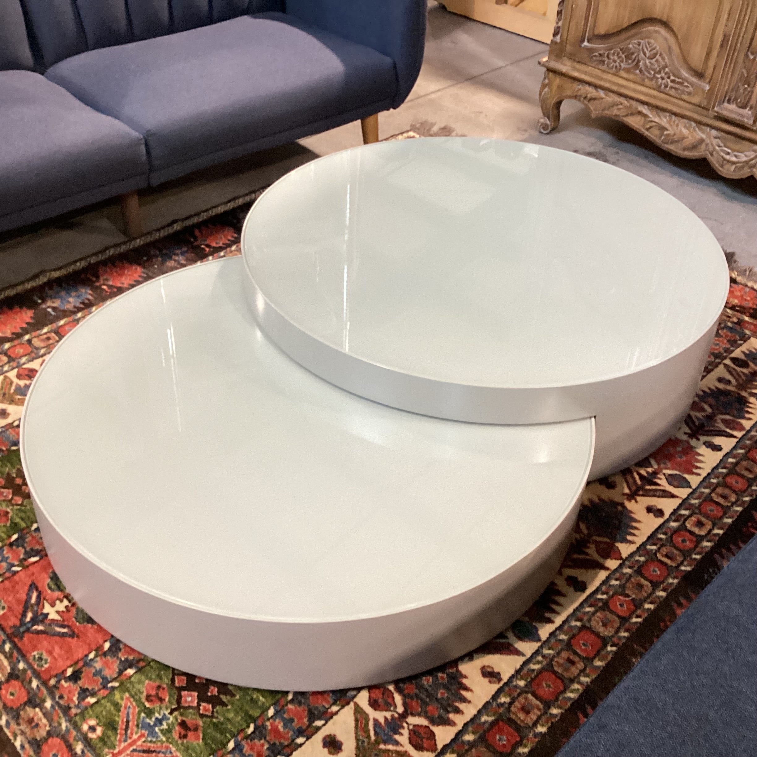 Modern Grey Lacquer & Glass Top Double Nesting Circles Coffee Table 67"x 43.5"x 12"