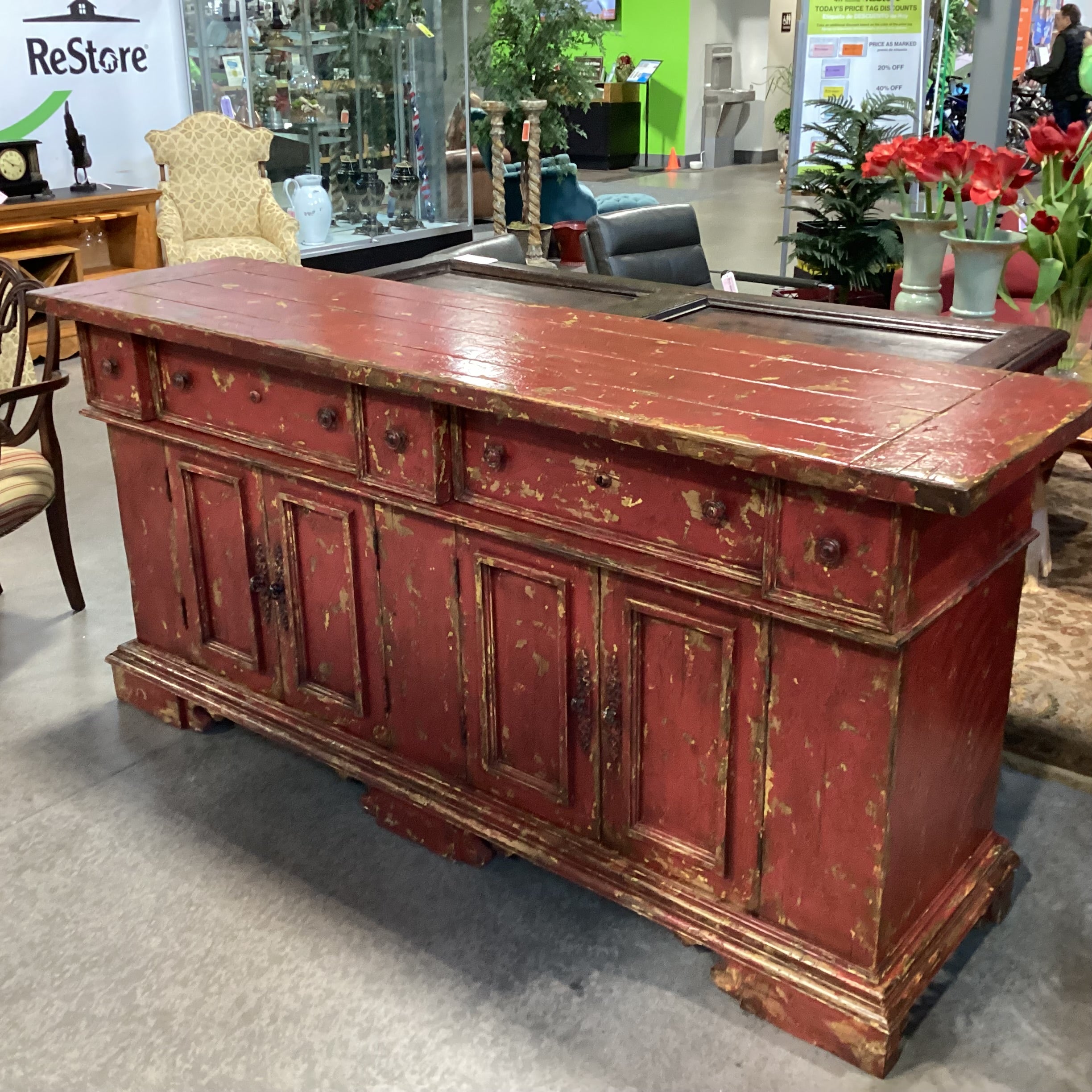 Red & Gold Textured Antiqued Finish Solid Wood 5 Drawer 4 Door Credenza 83"x 22"x 39"