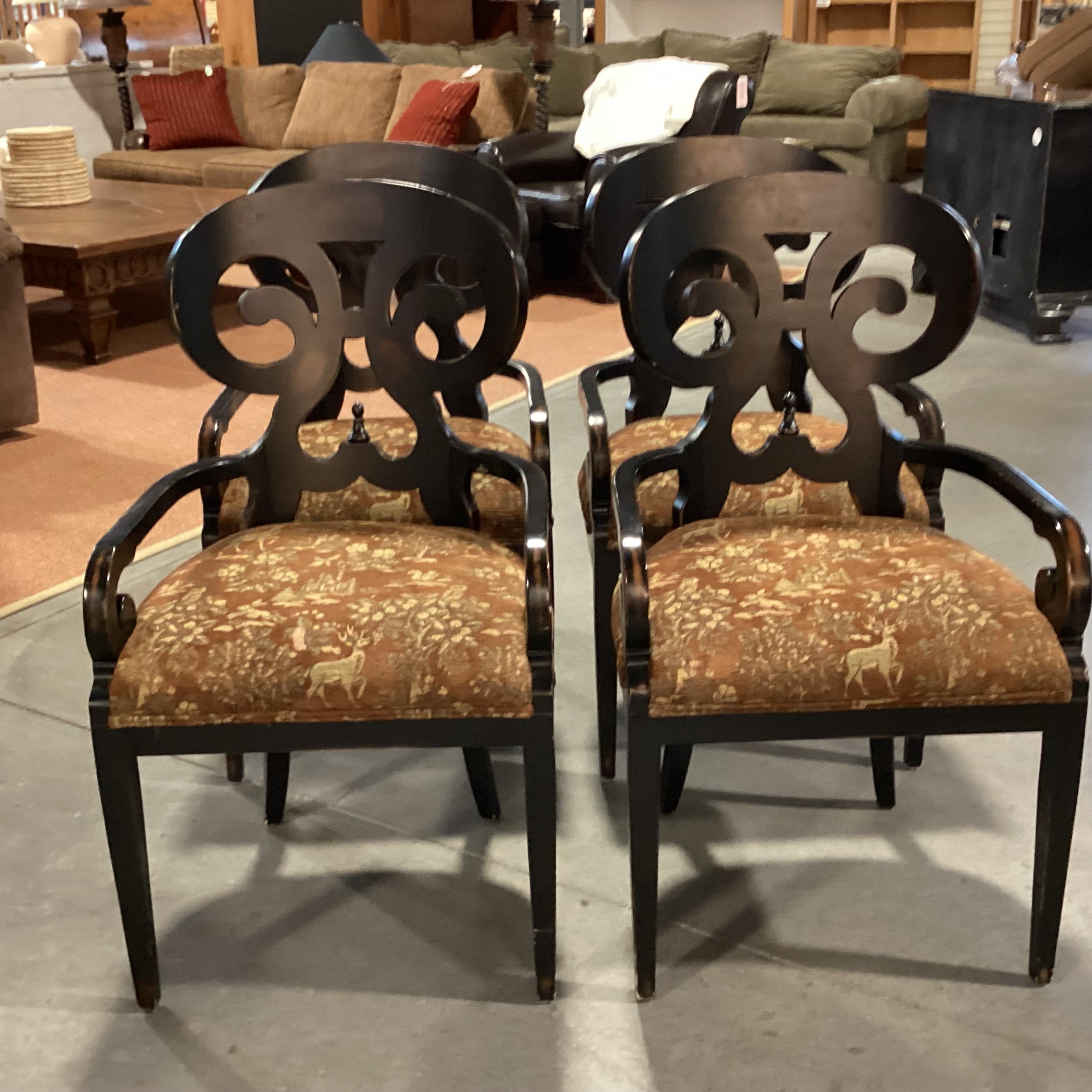 SET of 4 Vanguard Ornate Scroll Antiqued Black Wood & Brown Gold Animal Scene Upholstery Dining Chairs 23"x 23"x 40"