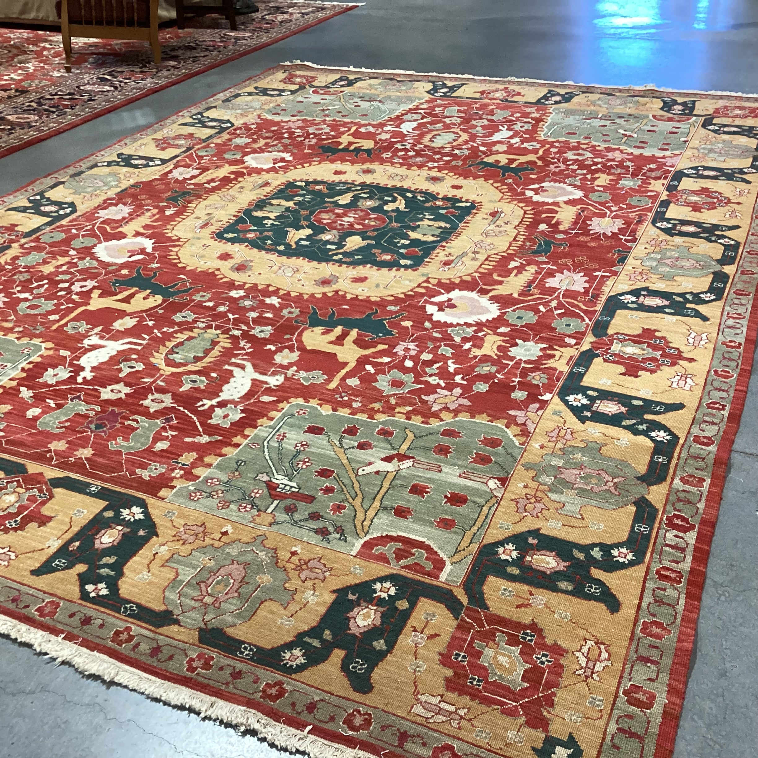 Nourmak Wool Red Gold Green Floral Fauna with Soumak Weaving Rug 9'10"x 14'3"