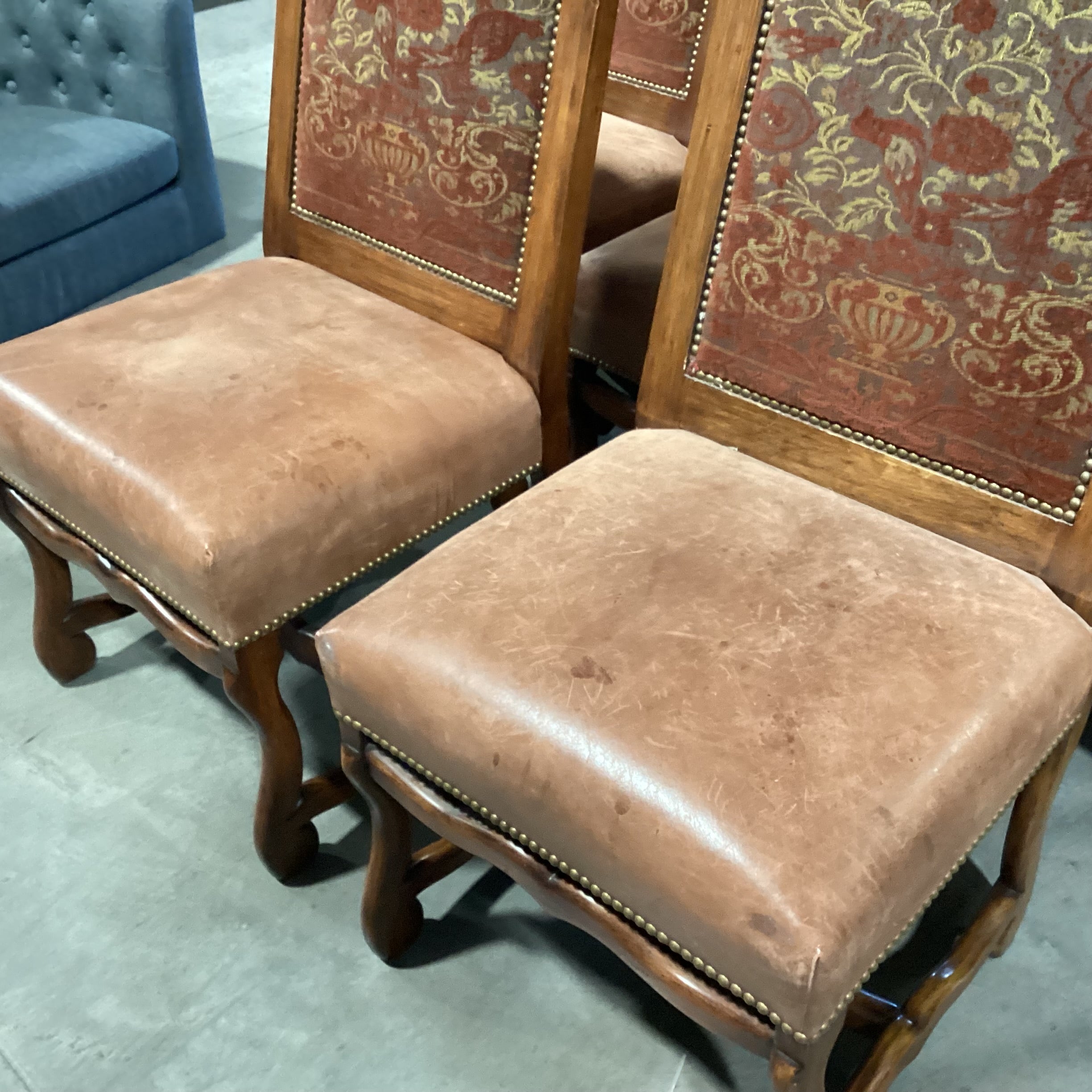 SET of 8 Gina B Custom Carved Wood Leather & Upholstery Nailhead Dining Chair 22"x 24"x 43"