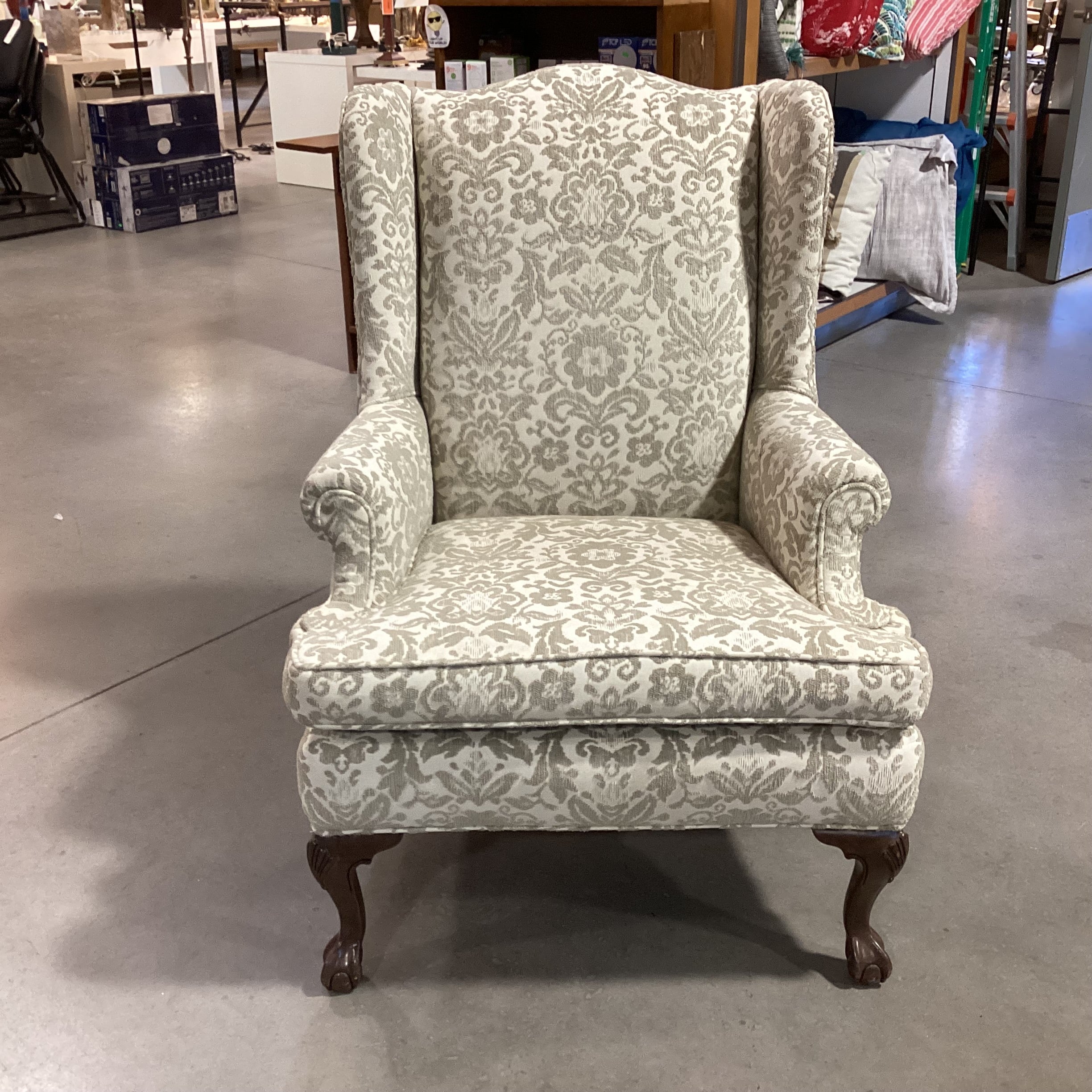 Sickles Custom Upholstery Cream & Raised Taupe Floral with Ottoman Wing Chair 33"x 34"x 43"