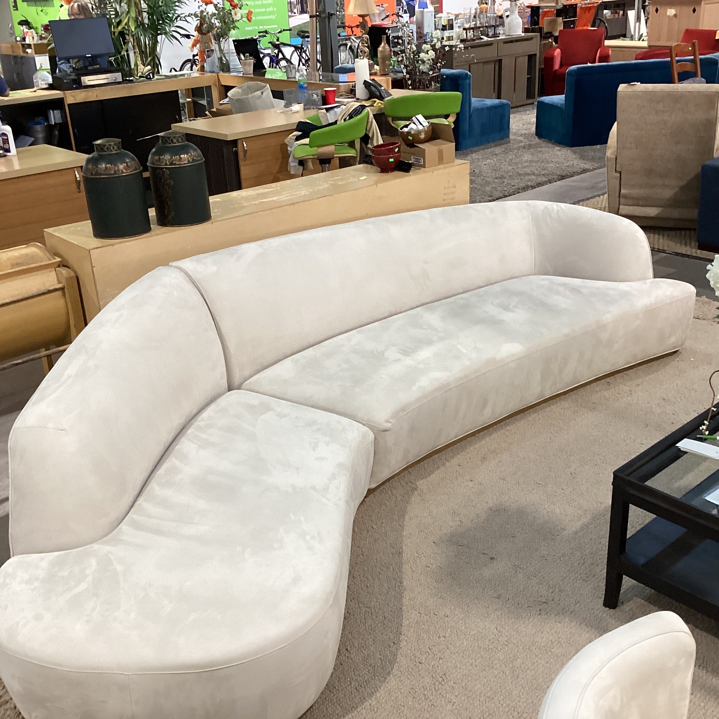 Rove Concepts Reya Dove Grey with Brass Finish Base Curved 2 Piece Sectional 134"x 66"x 36"x 32"