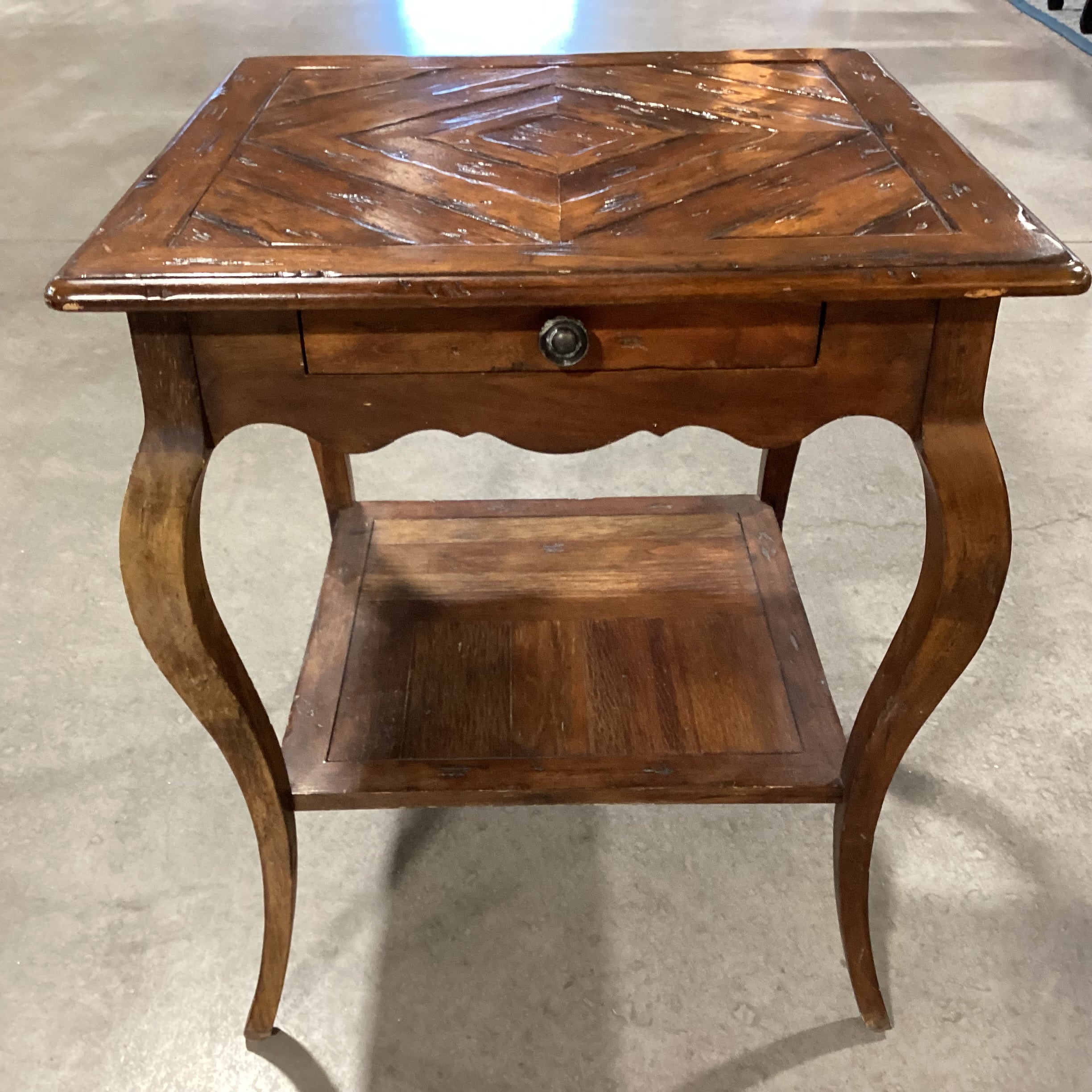Finished Distressed Wood with Diamond Accent Top 1 Drawer End Table 24"x 24"x 27"