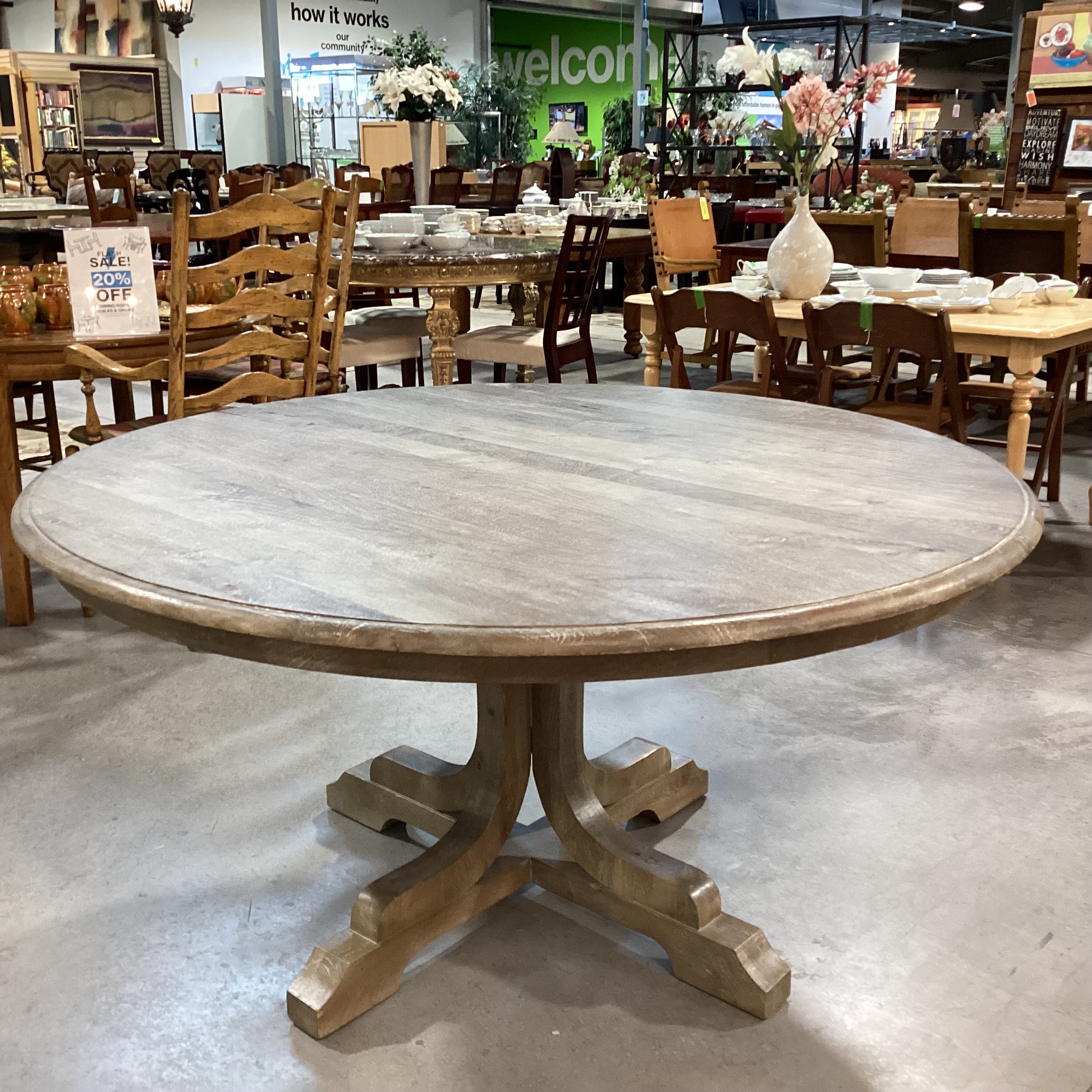 Pottery Barn Linden Grey Washed Mango Wood Round Pedestal Dining Table 60" Diameter x 30.5"