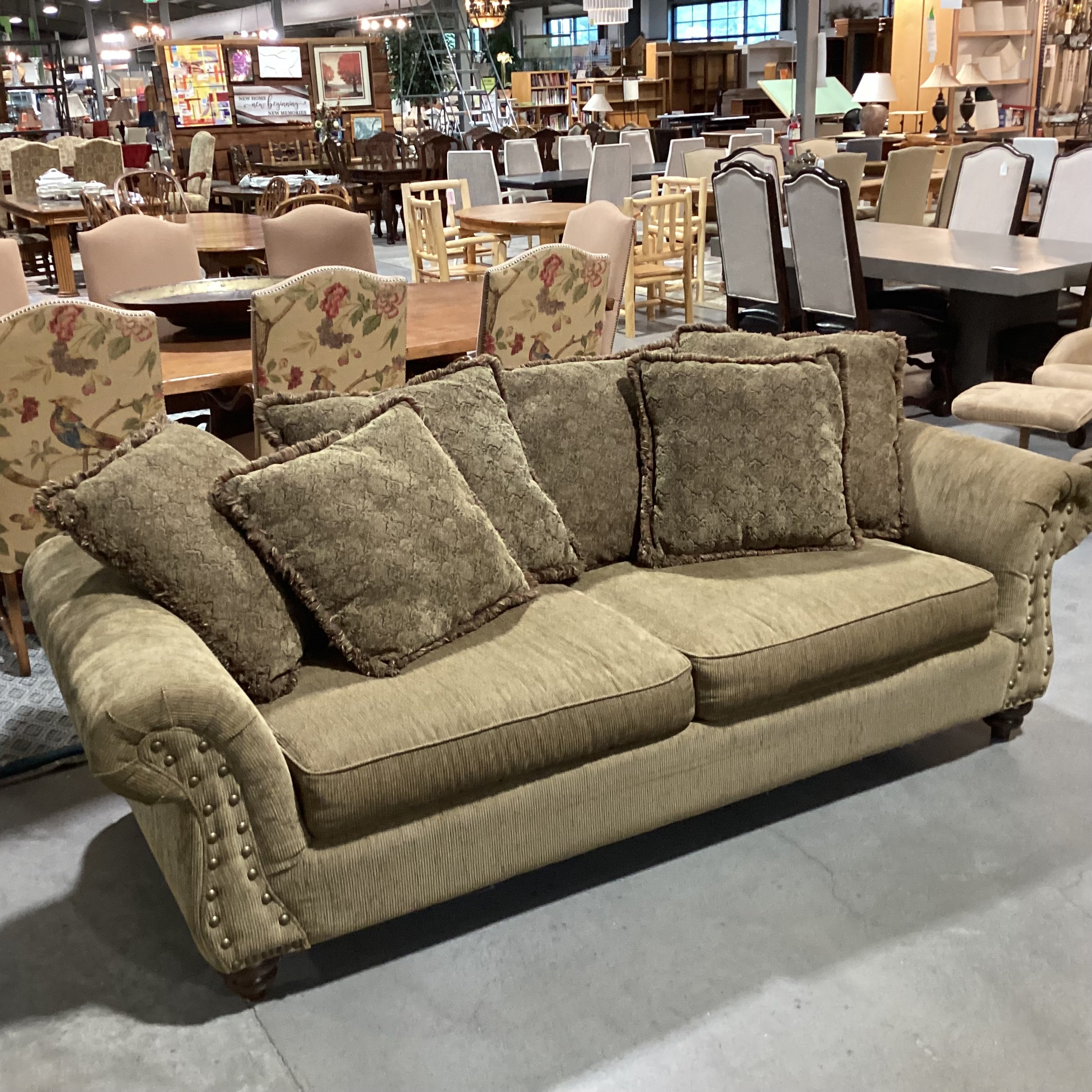 Olive Texture Ribbed & Nailhead with Reverse Multi Back Pillows Sofa 98"x 40"x 30"
