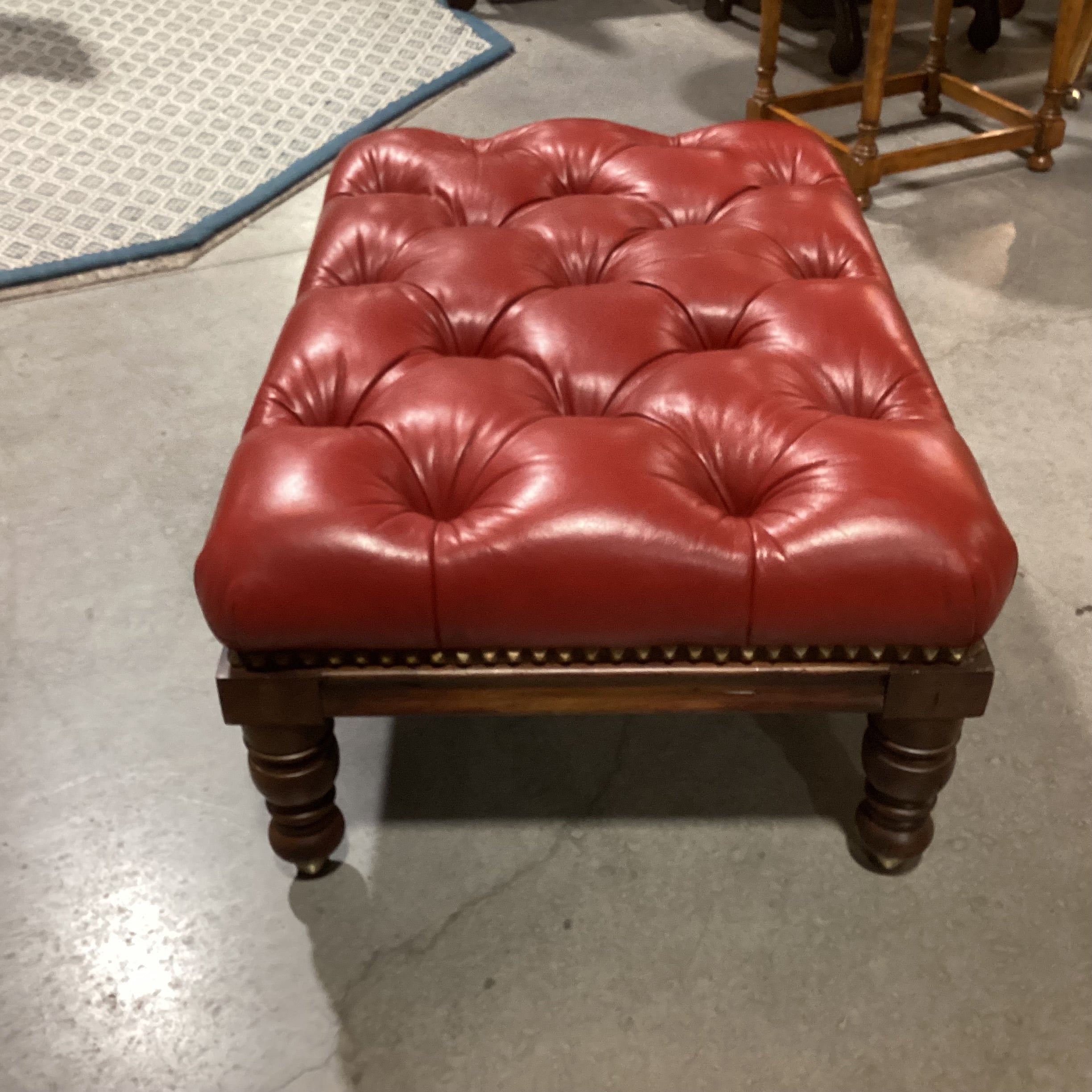 Pearson Furniture Red Leather Tufted & Carved Wood Ottoman 39"x 28"x 18"