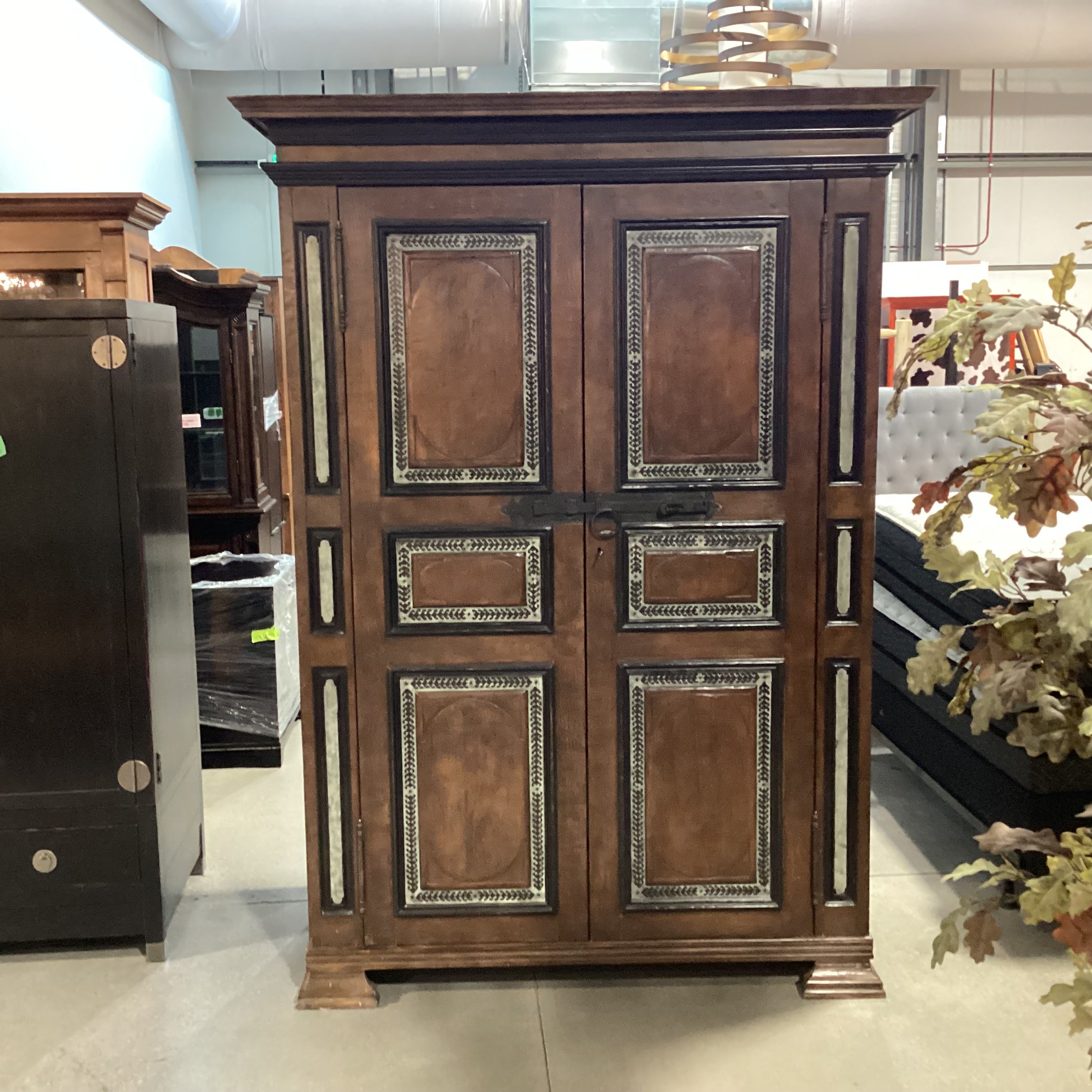 Custom Rustic Distressed Solid Wood with Painted Detail 2 Door Shelves & Drawers Armoire 65"x 34"x 90"