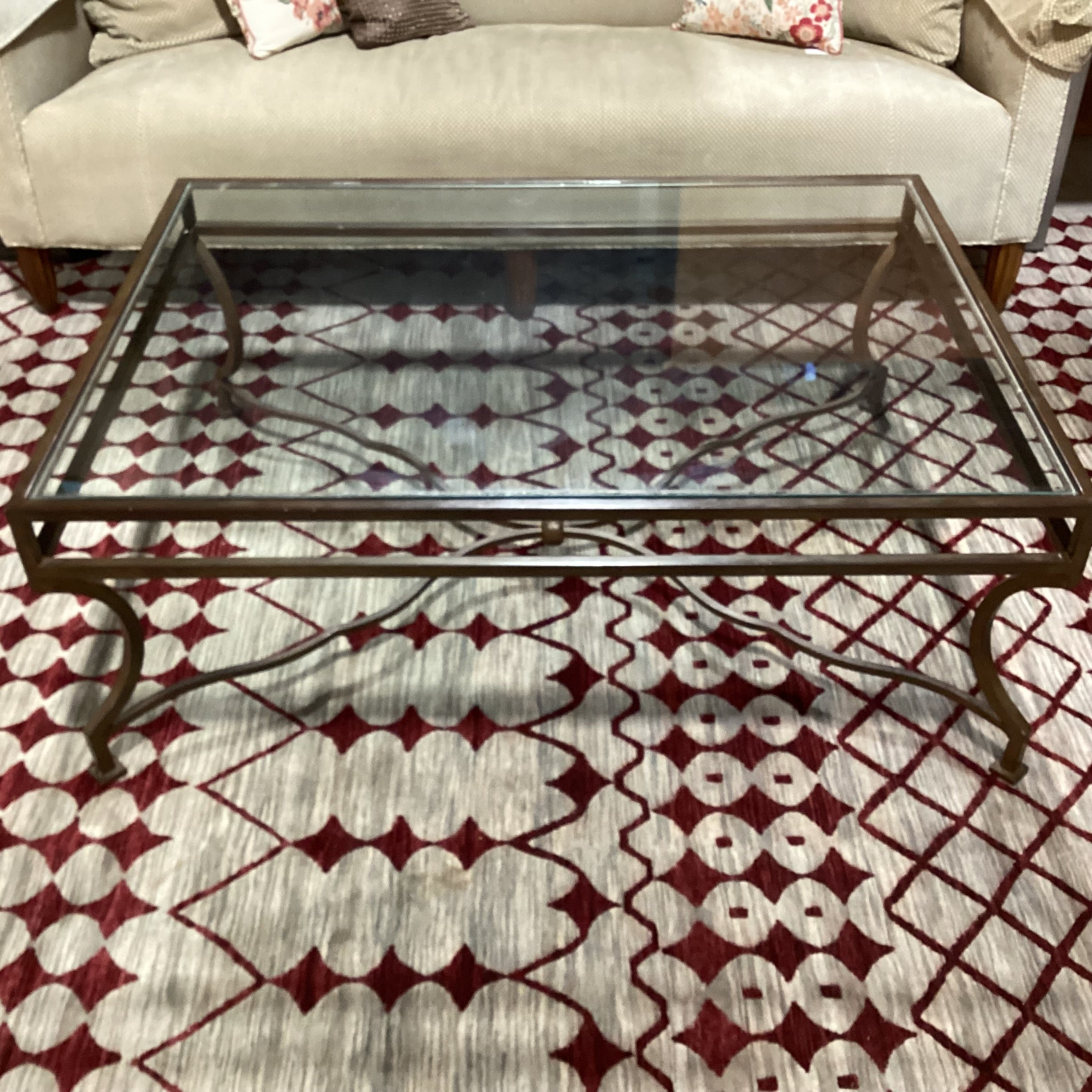 Iron with Trestle & Glass Coffee Table 48"x 36"x 17.5"