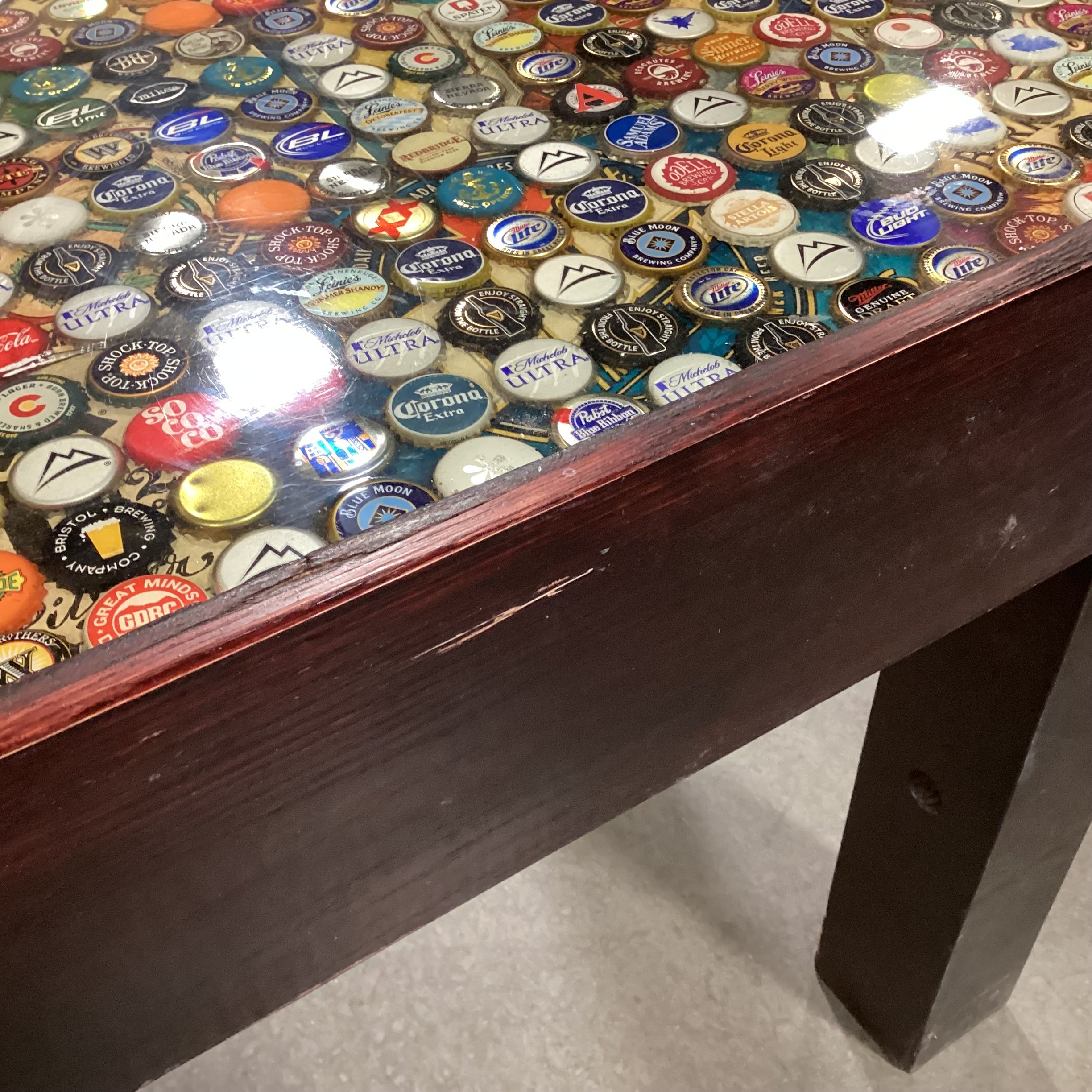 Handmade Wood & Bottle Top Design Accent Table 44.5"x 25.5"