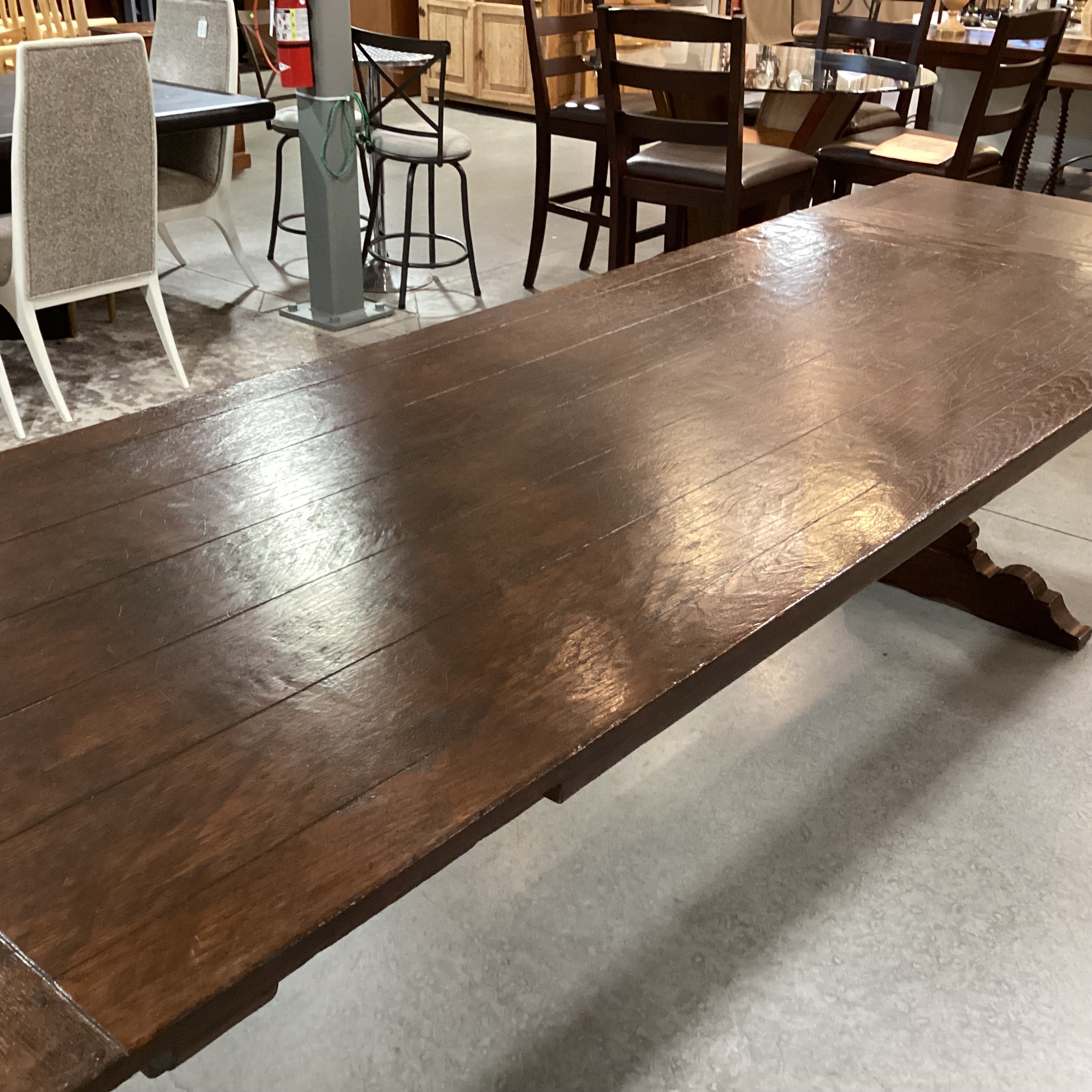 Antique Dark Finish Wood with End Extend Leaves & Trestle Dining Table 108" to 155"x 42"x 30.5"