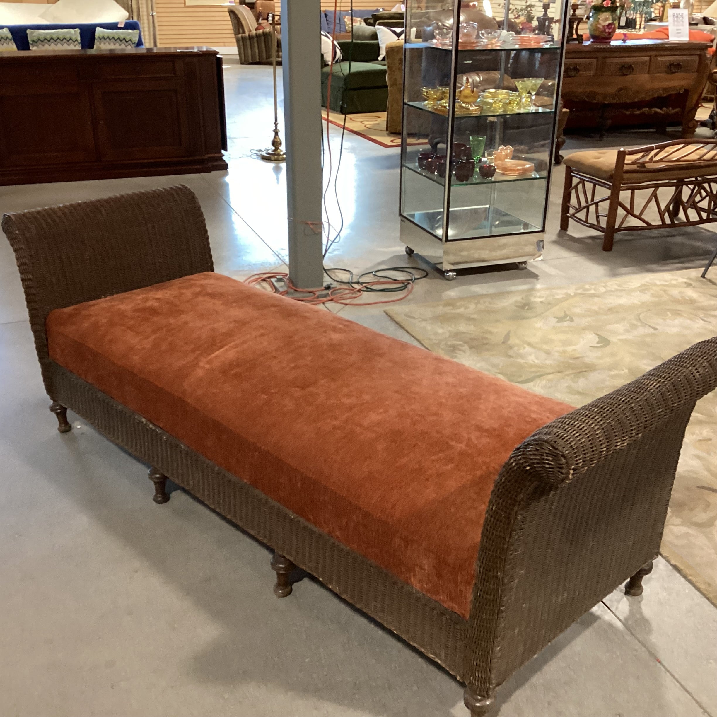 Vintage Antique Wicker & Rust Chenille Woven Bench 90"x 30"x 30"