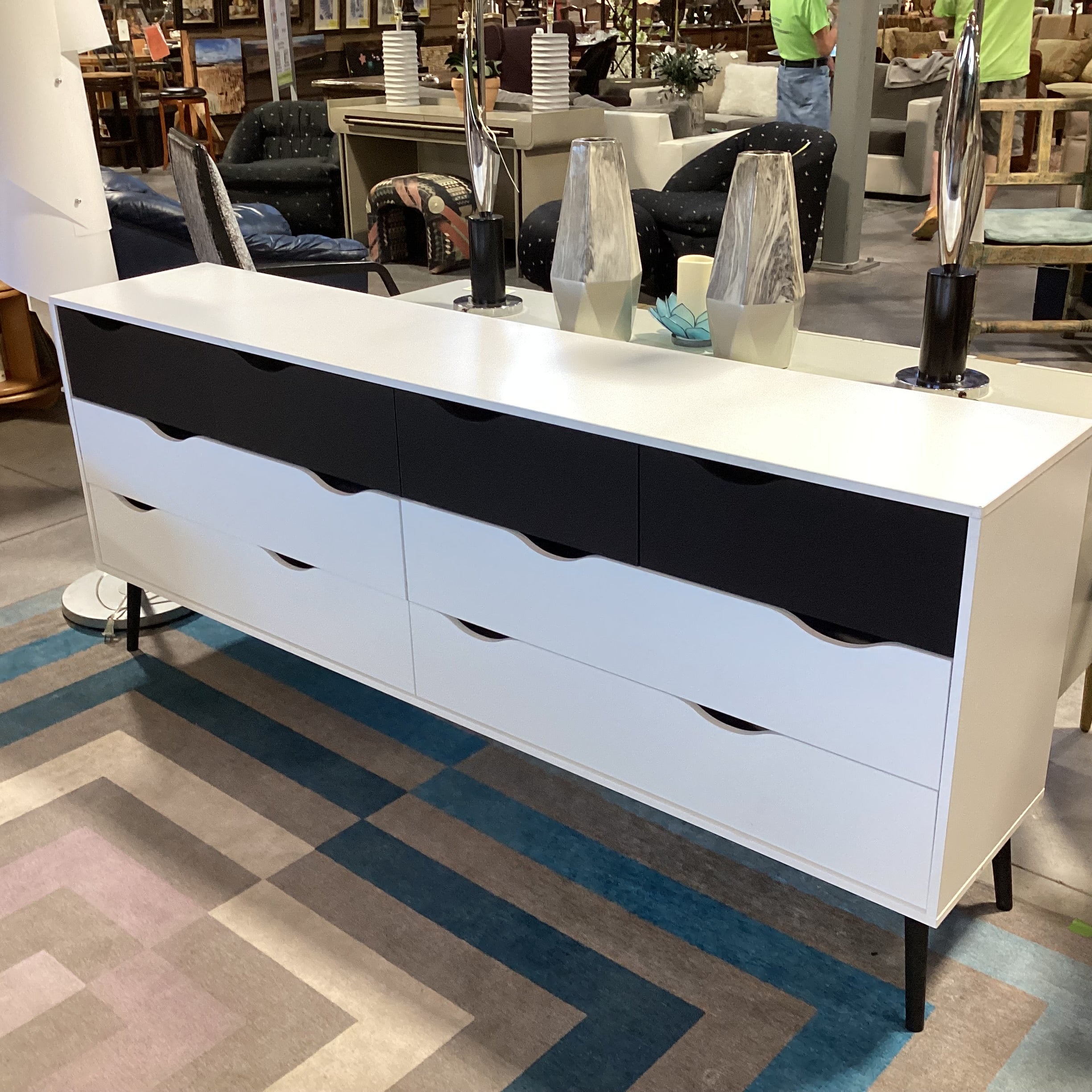 Danish Modern Black & White Laminate 8 Drawer Dresser 77"x 15.5"x 32"