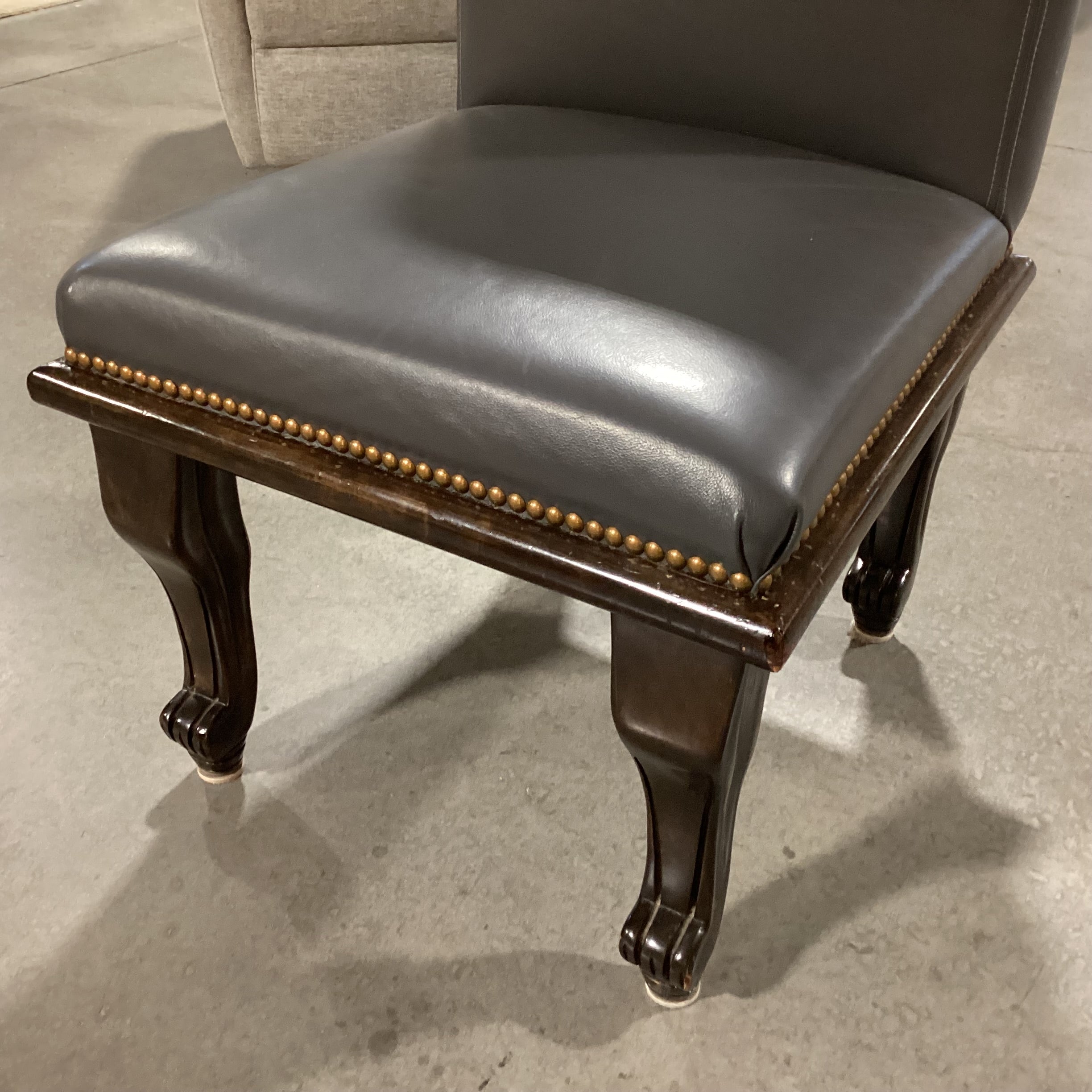 Grey Leather Nailhead & Dark Finished Wood Chair 22"x 26"x 41"
