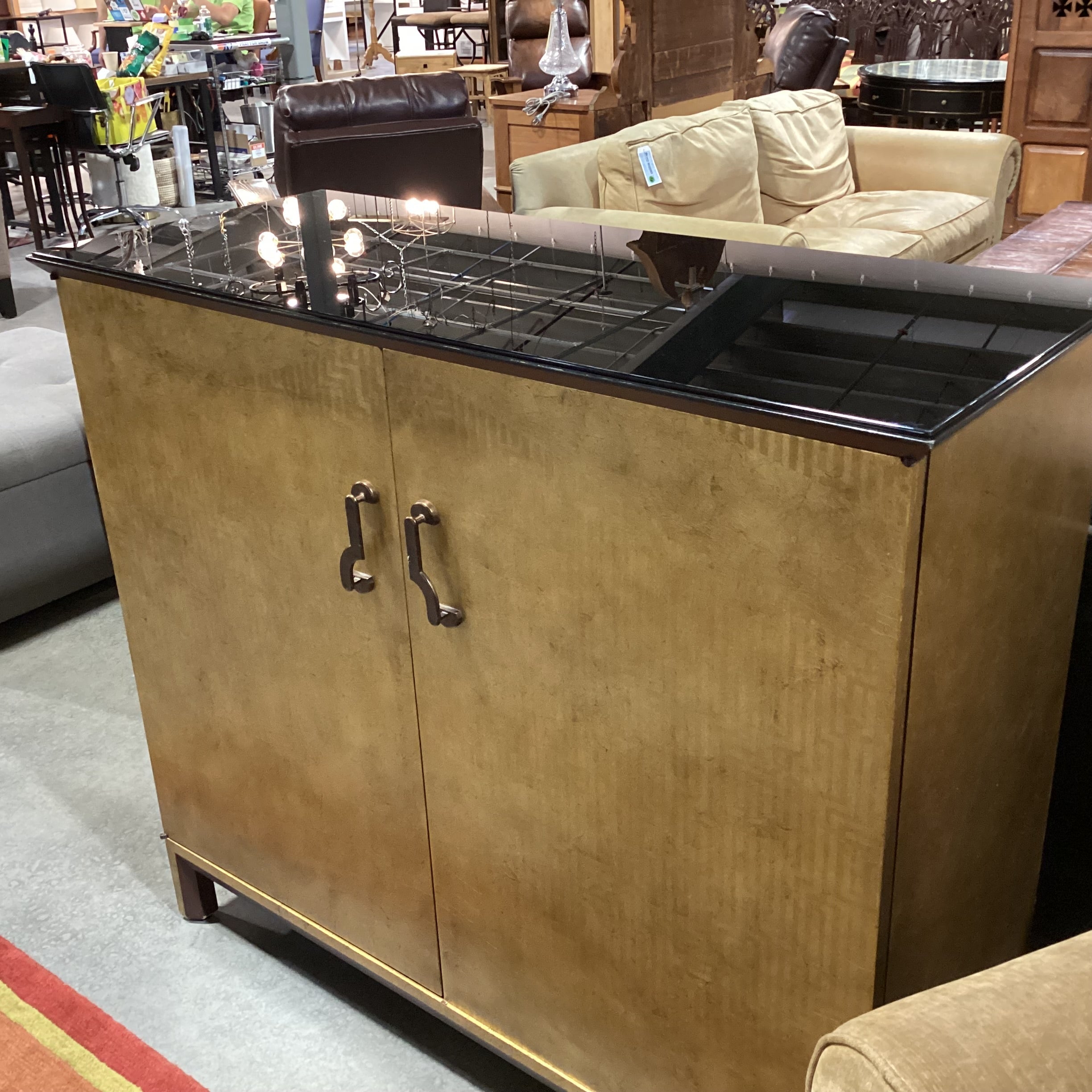 Asian Style Gold Painted Design with Brass Pulls & Black Glass Top 2 Door with Shelves Cabinet Console 49"x 20"x 43"