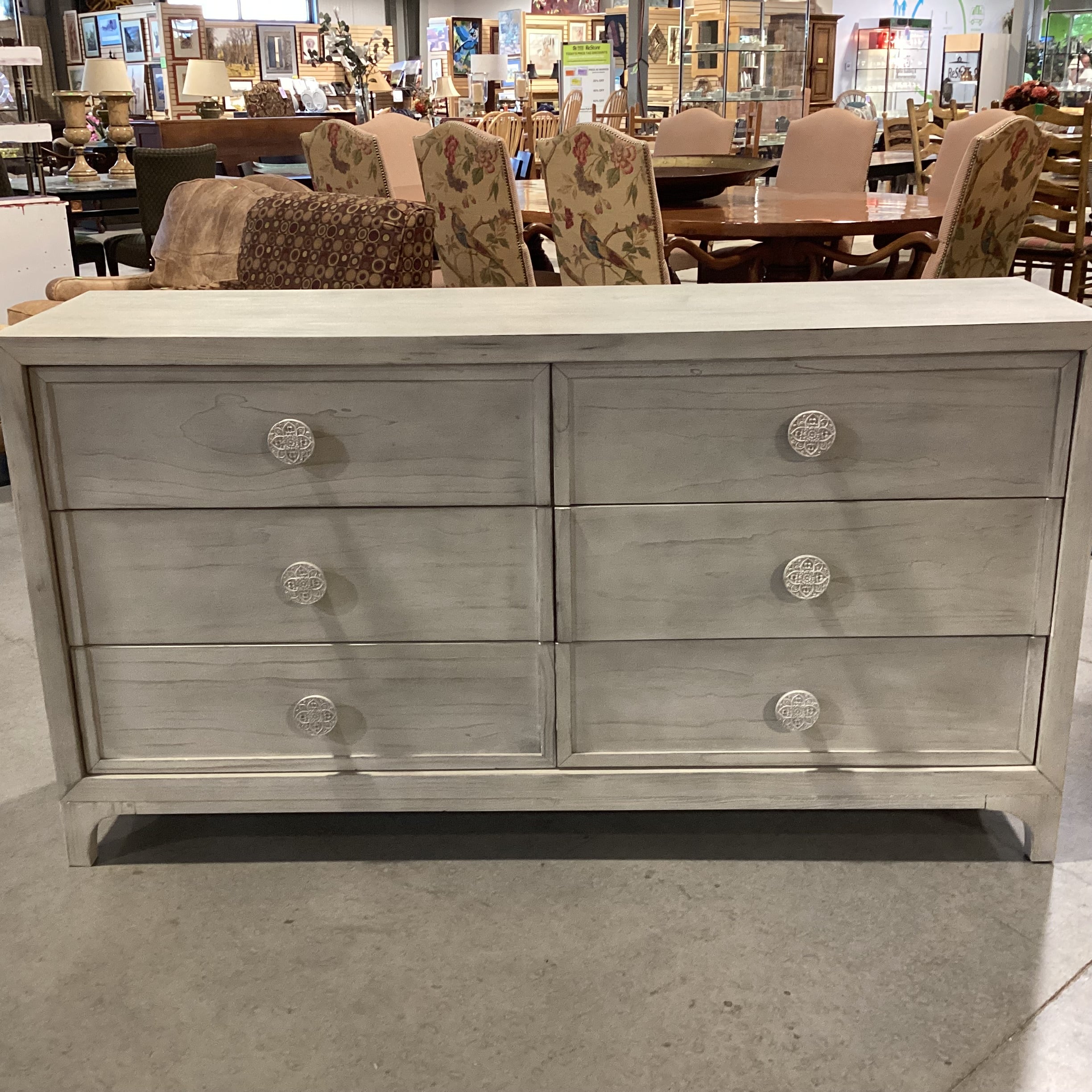 Bohemia White Washed Wood with Carved Mandala Pulls 6 Drawer Dresser 66"x 18"x 36"