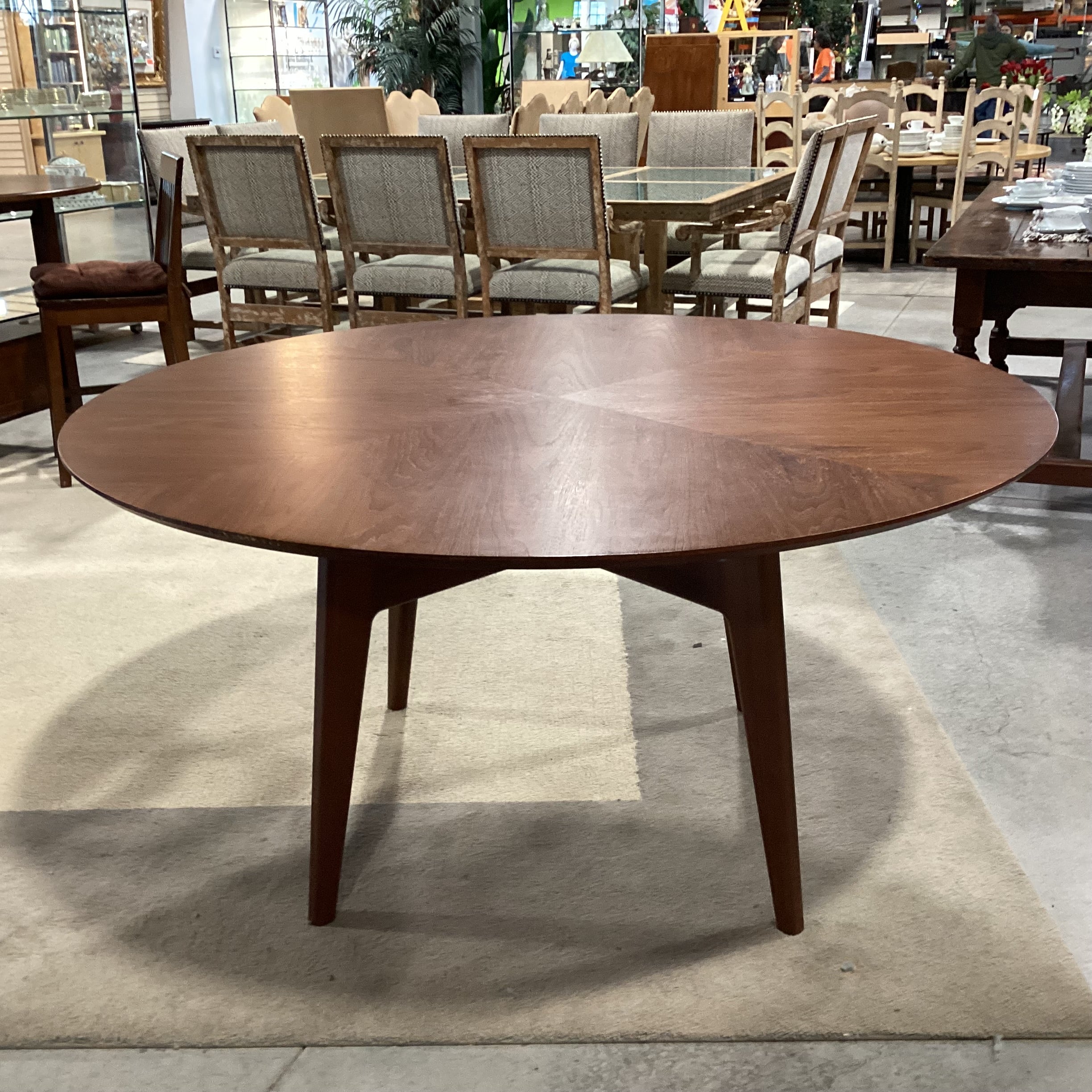 Crate & Barrel Tate Mid Century Style Walnut Finish Round Dining Table 60" Diameter x 30"