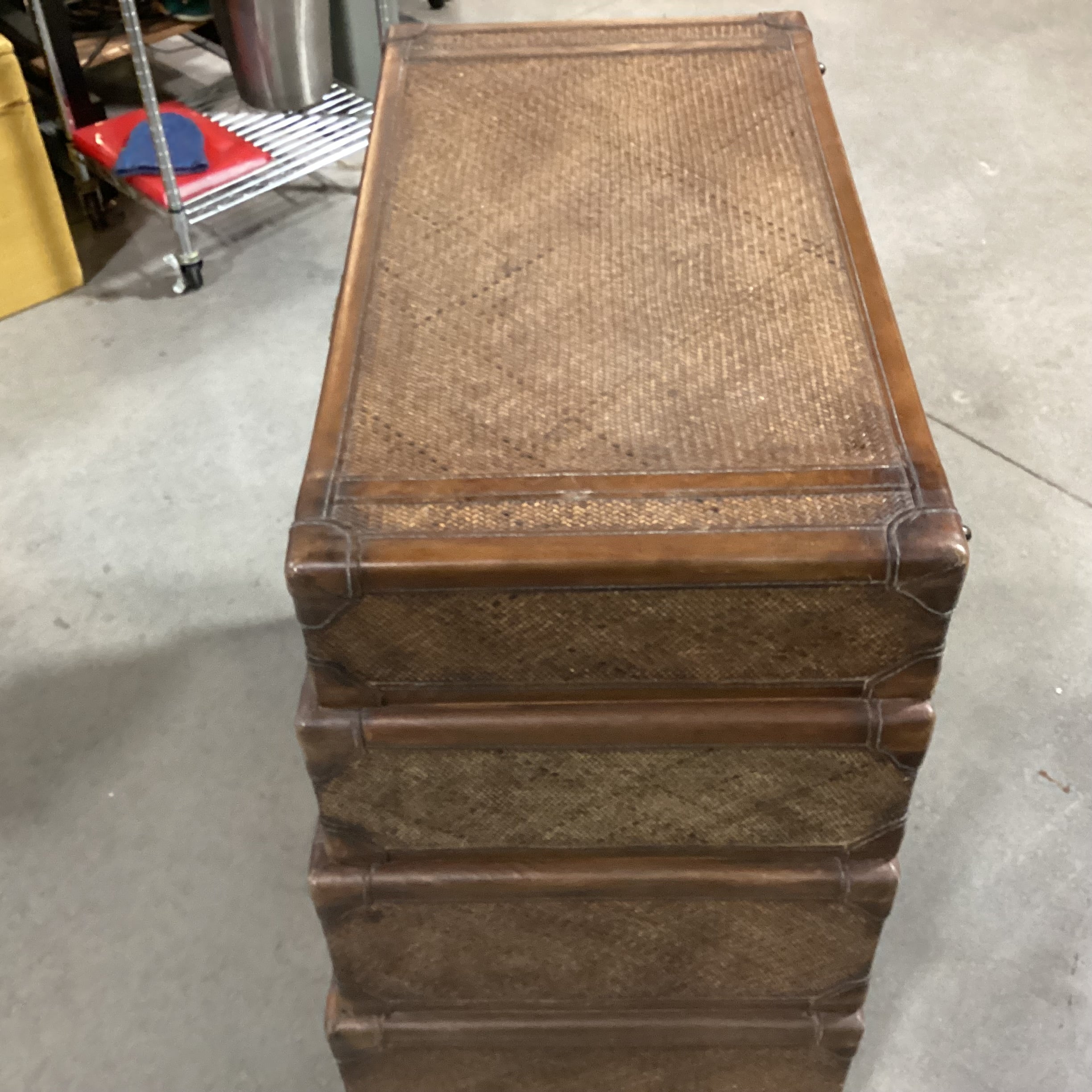 Maitland Smith Style Rattan Woven & Leather 4 Drawer Trunk Style Chest 34"x 19"x 36" Chest