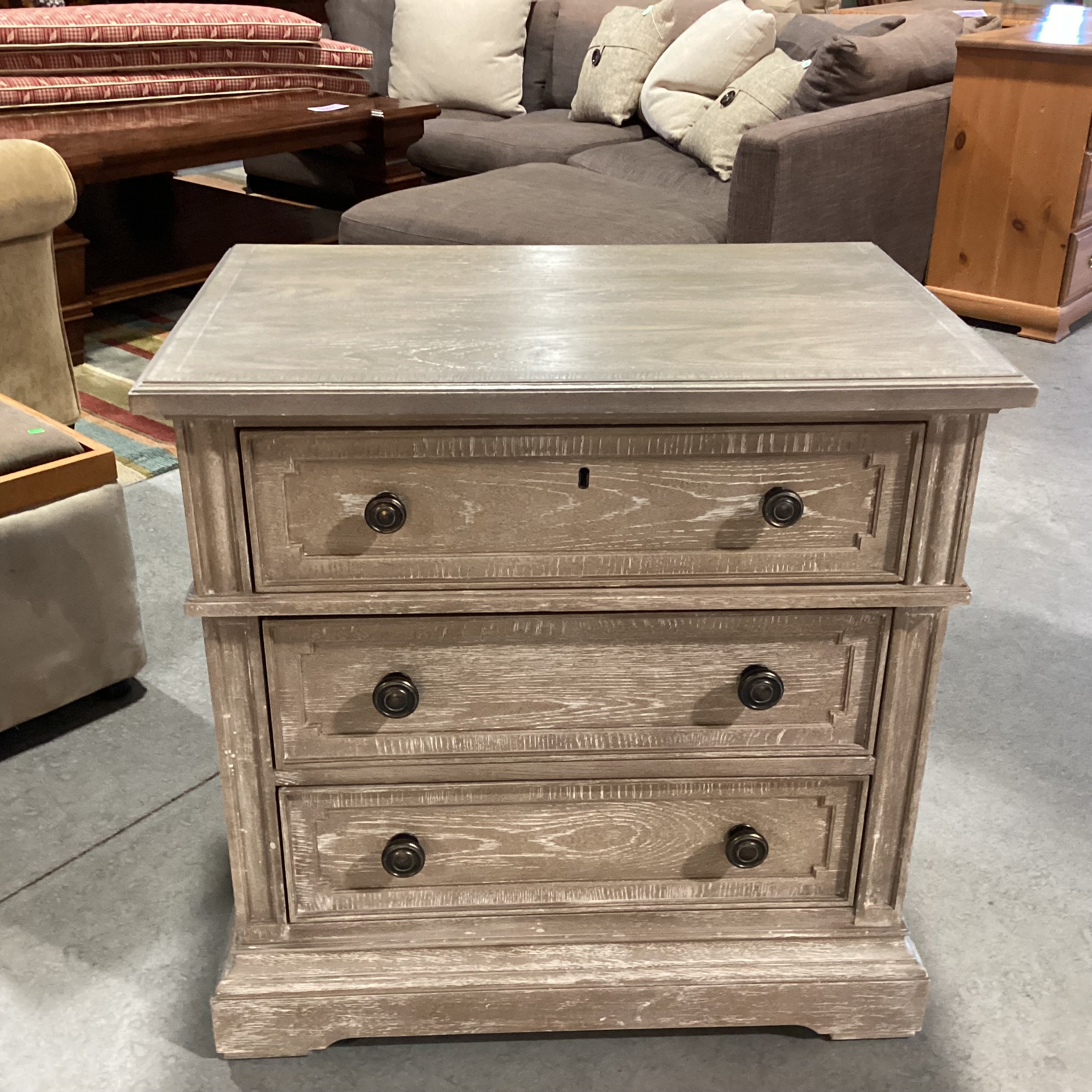 Stanley Furniture Wethersfeld Grey Washed Wood with Carved Detail 3 Drawer Nightstand 29.5"x 19"x 30"